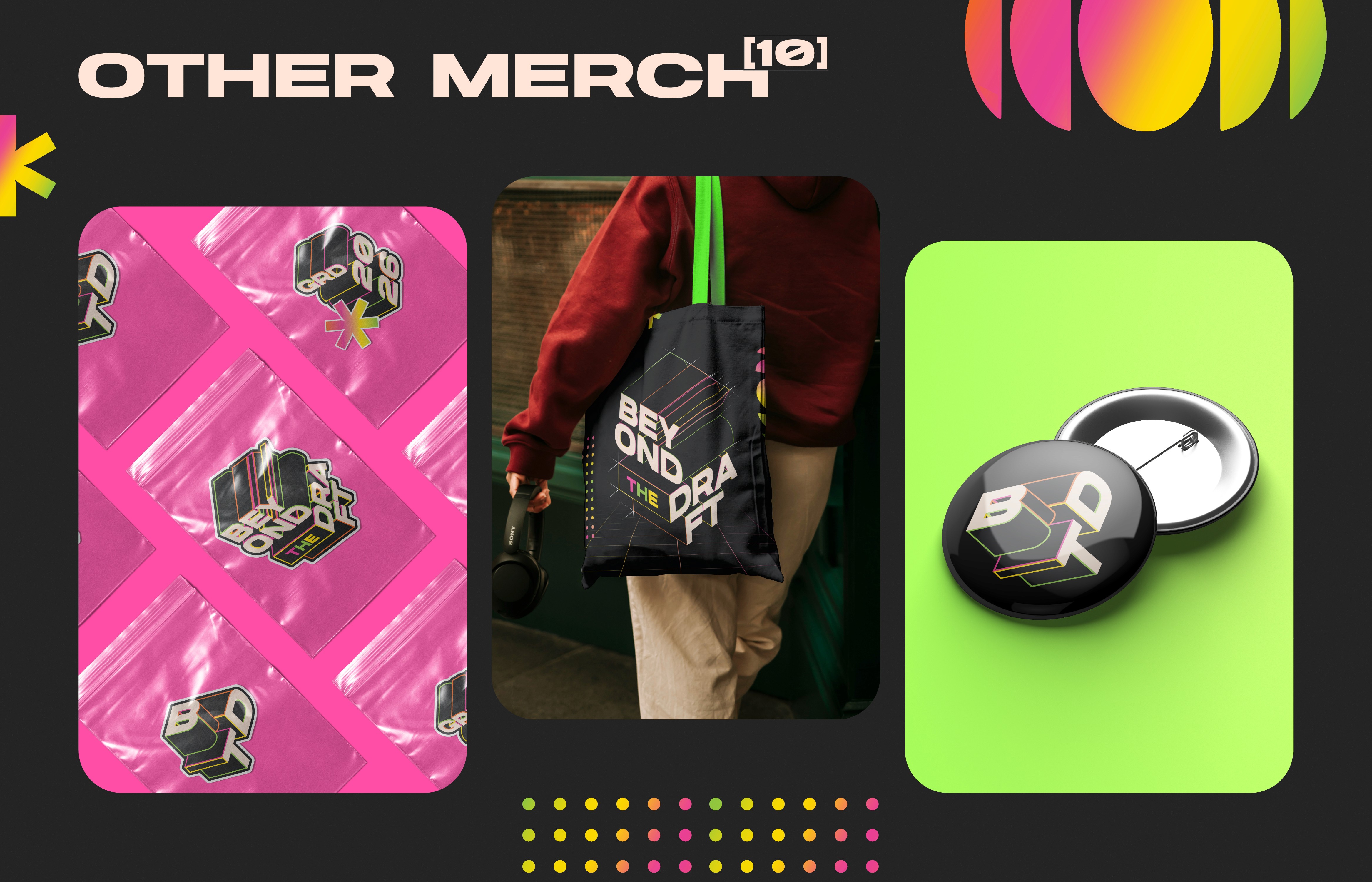 Mockups of additional merchandise that could potentially be bought by students or visitors. the left image shows different stickers from the brand. The middle one shows a potential design for a tote bag. The right one shows a badge with the secondary logo on it.