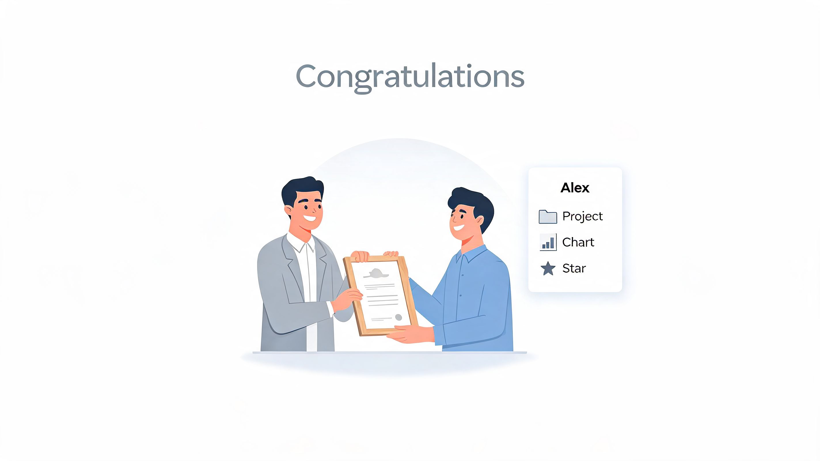 A professional illustration of a manager awarding a certificate to a smiling employee for their work anniversary.