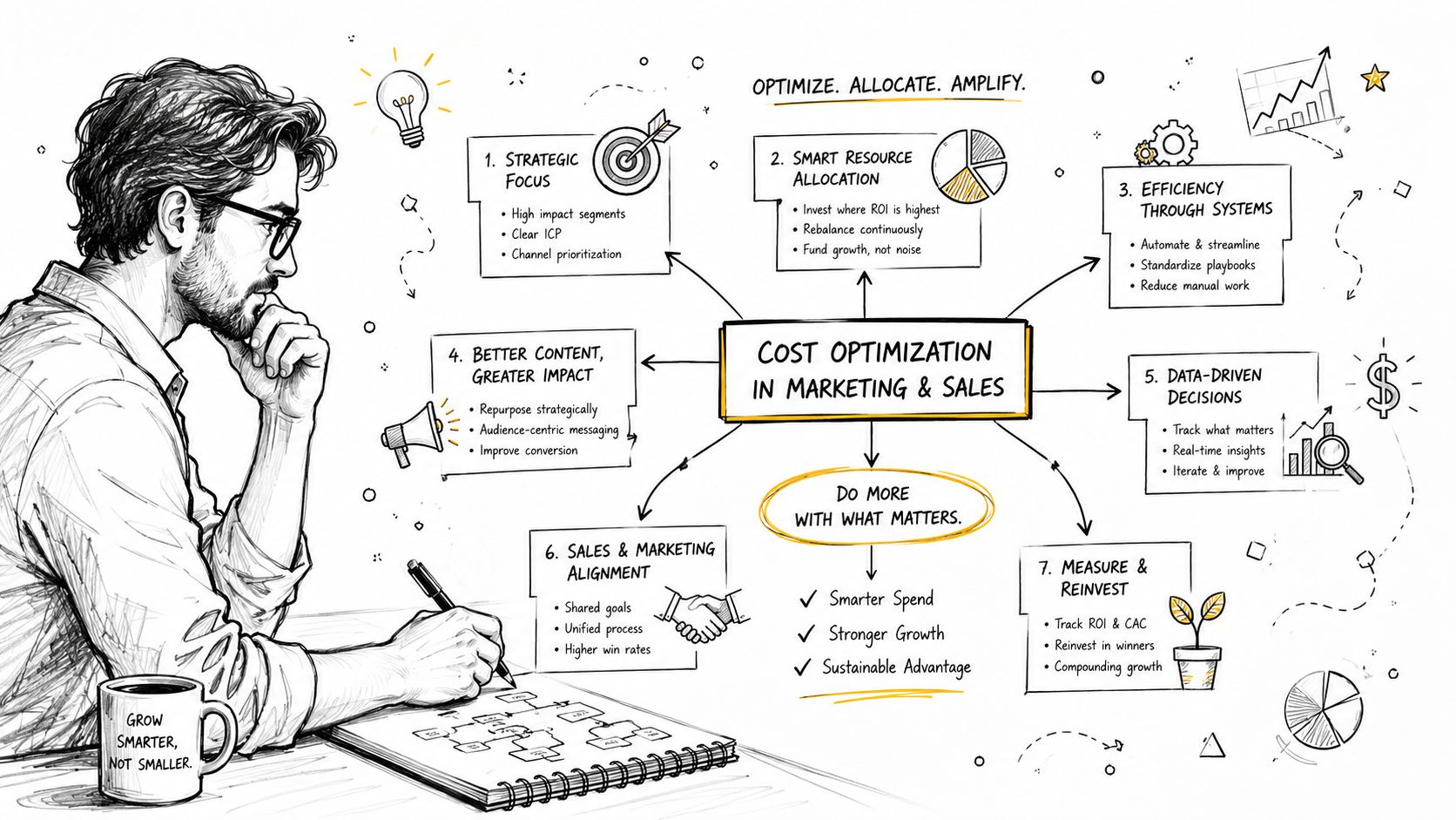 Een conceptueel diagram over kostenoptimalisatie in marketing en verkoop met zeven strategische stappen en een man aan het bureau.