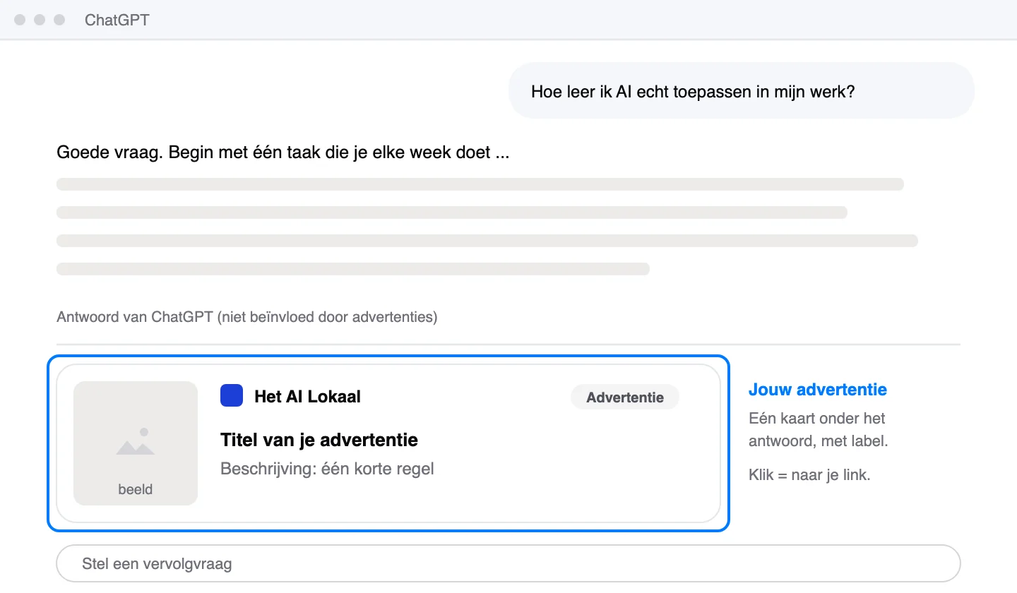Schematische weergave: Je advertentie staat onder het antwoord, los ervan en met een label.