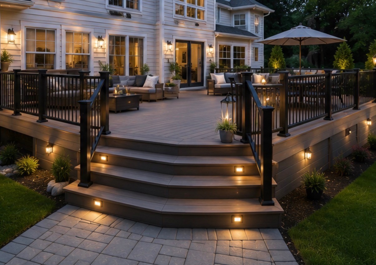 Finished backyard deck with seating and railing