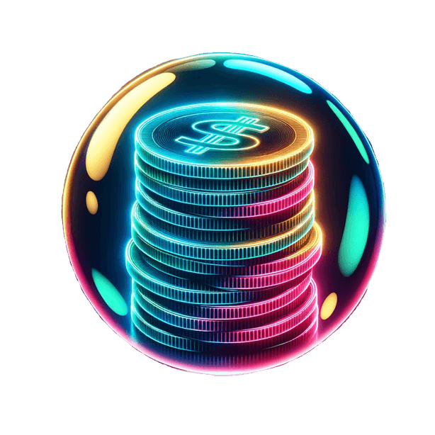 Colorful stack of coins encircled by a glowing bubble effect, featuring vibrant hues of blue, pink, and gold.