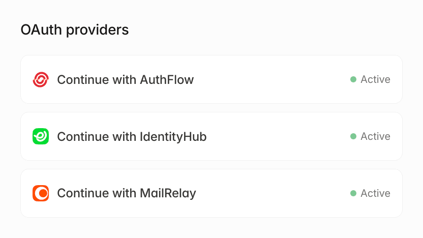 OAuth providers: Continue with AuthFlow, IdentityHub, and MailRelay, all active.