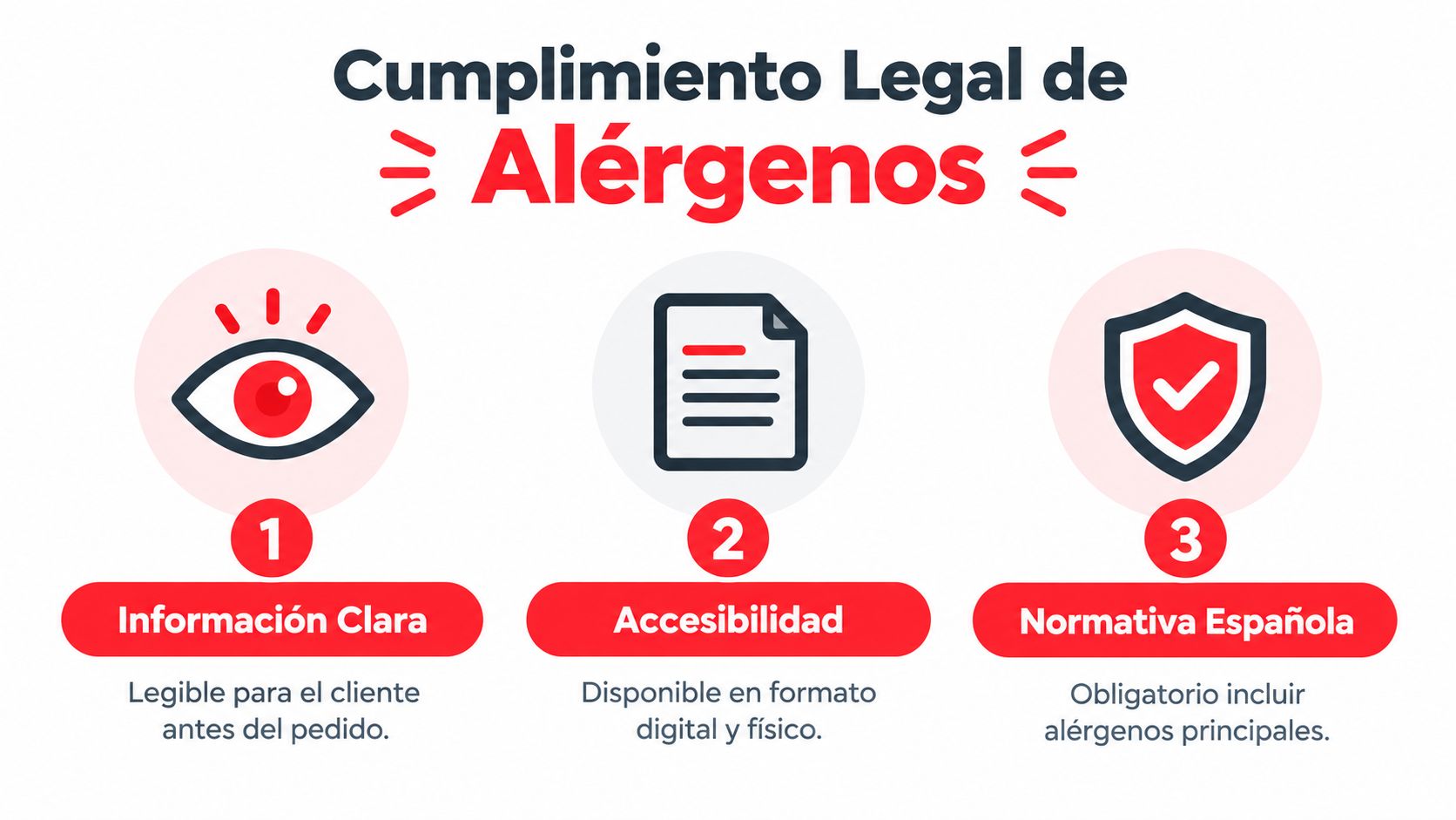 Infografía sobre el cumplimiento legal de alérgenos en restauración destacando información clara, accesibilidad y normativa española vigente.