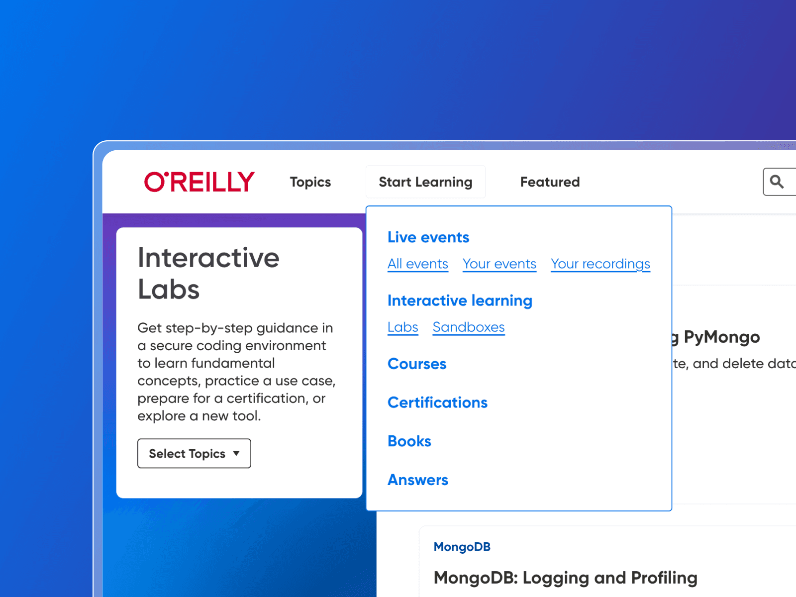 Cropped image of new O'Reilly navigation showing 'Start Learning' menu and options.