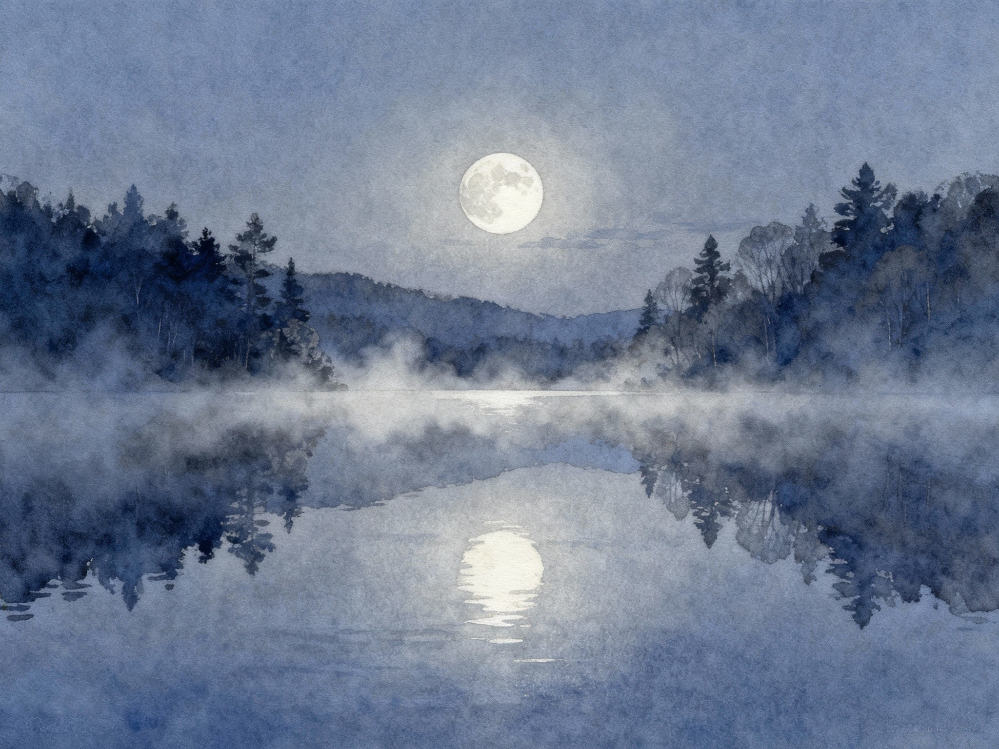 A fine-art illustration styled as a composition depicting a tranquil lake at twilight, where the