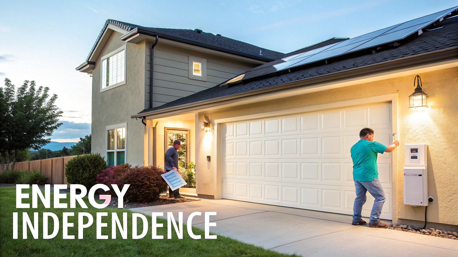 two men working on energy storage systems attached to a home with the text 'energy independence' in the bottom left