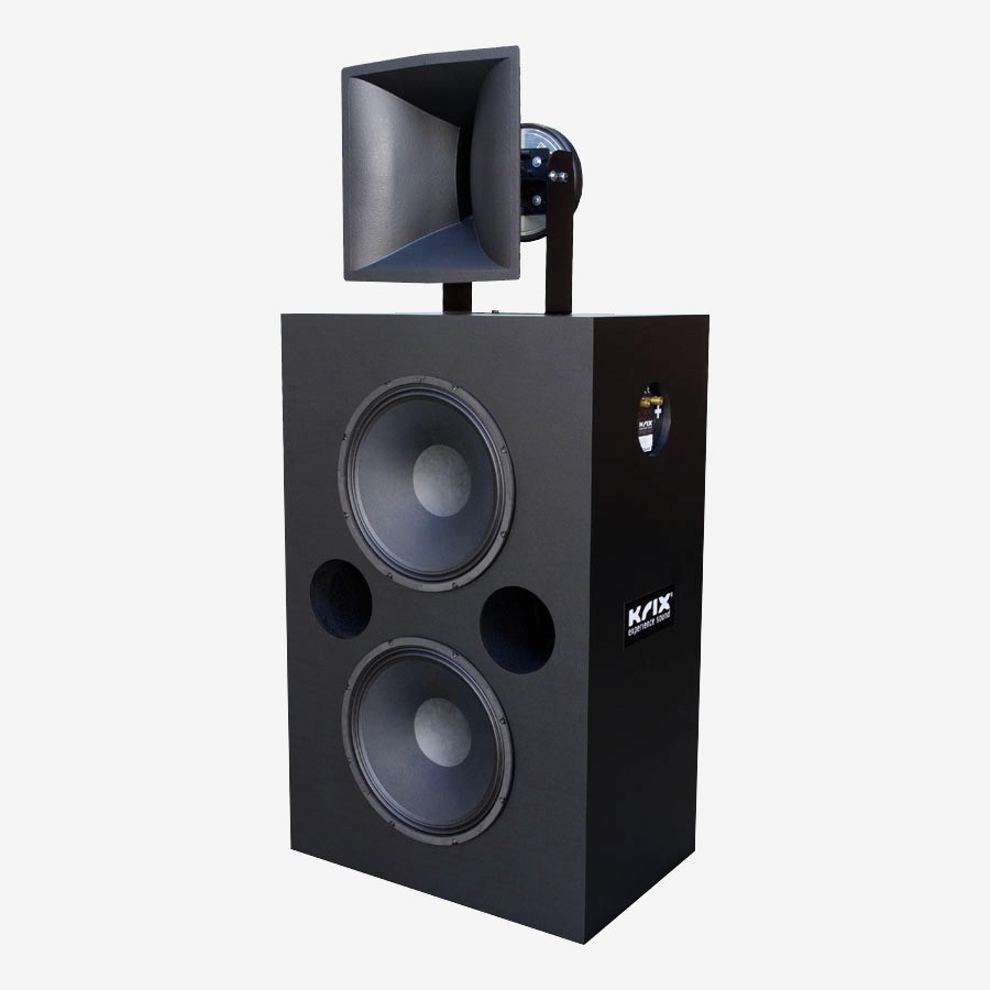 Black speaker with horn tweeter and dual woofers