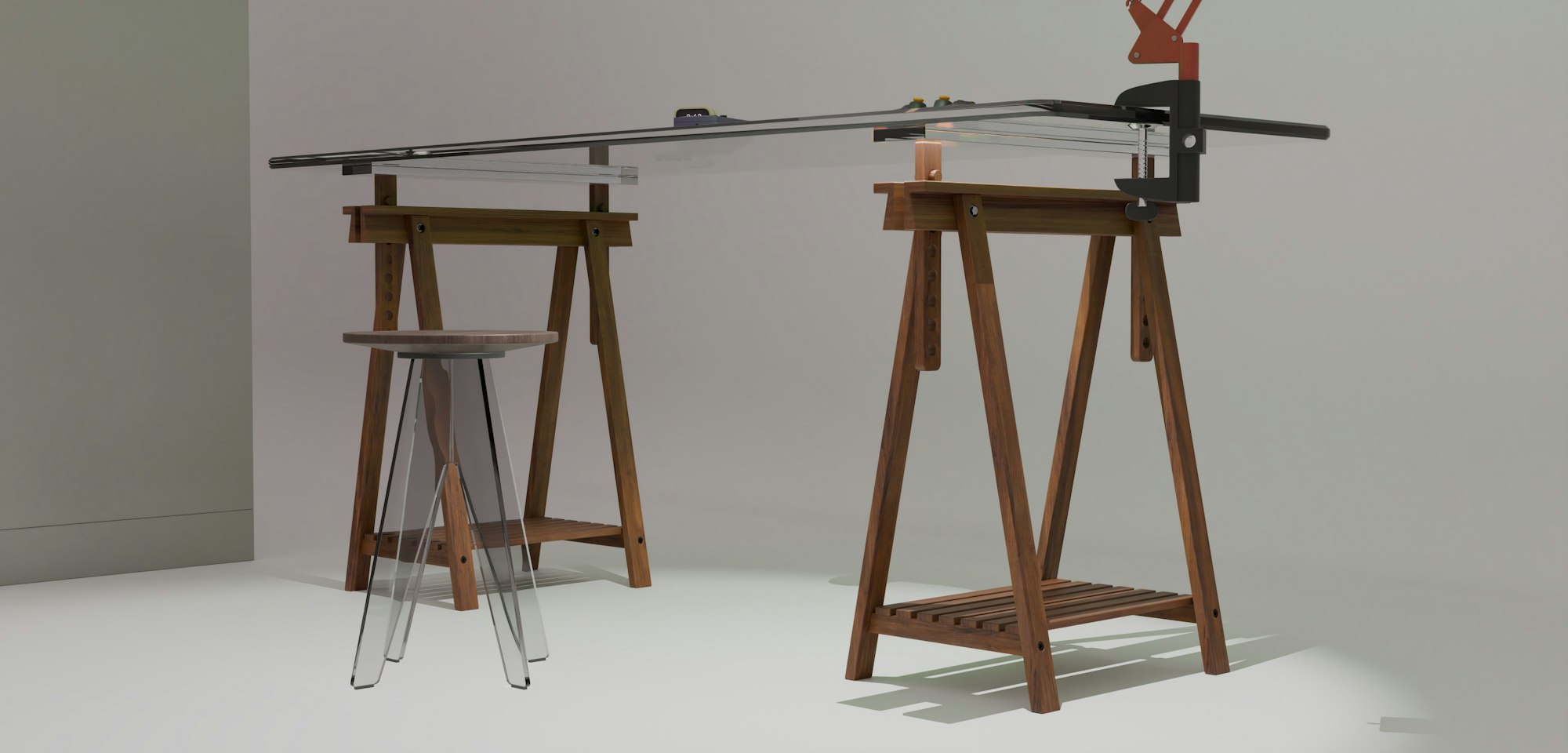 A drafting table and stool in a white studio