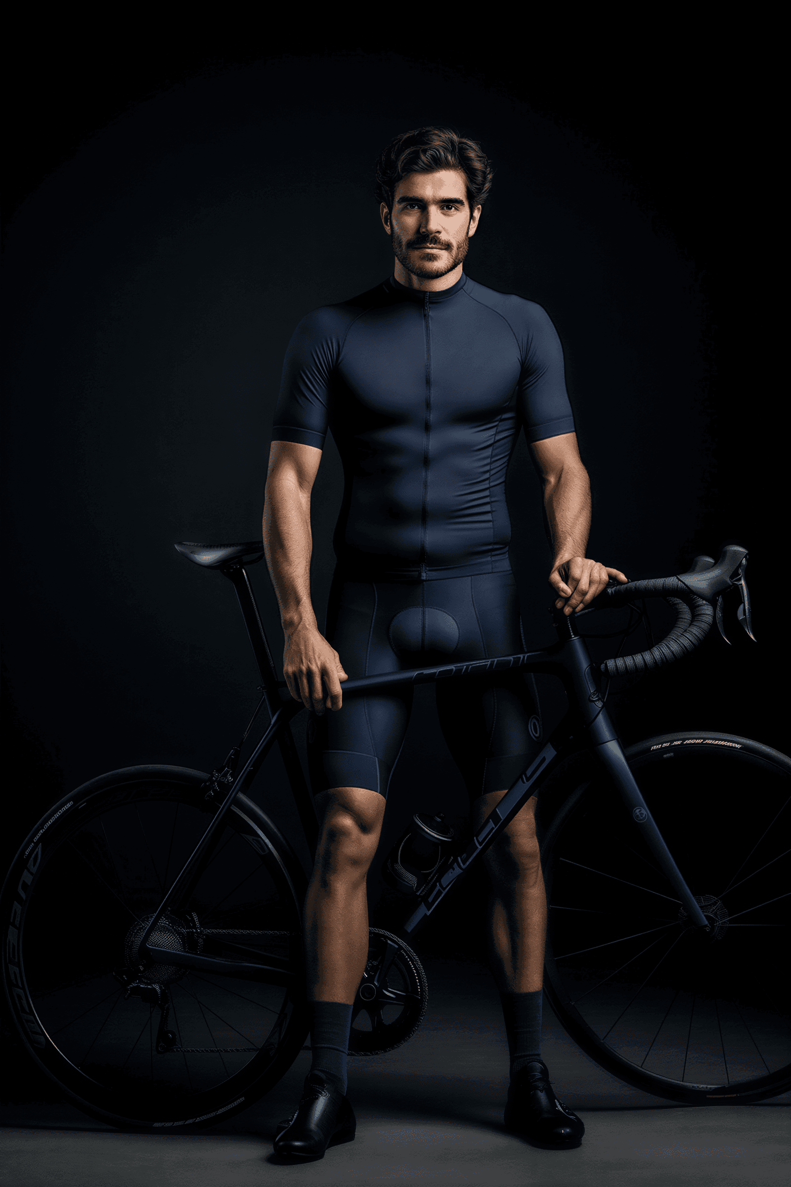 Professional carbon racing bike presentation with sleek typography and grid layout.