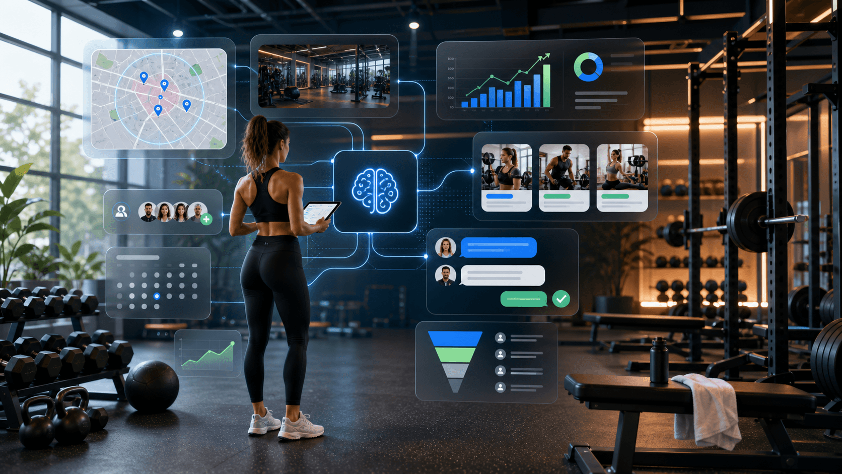 Modern fitness studio marketing dashboard with trial offer cards, local map pins, campaign panels, and member follow-up blocks
