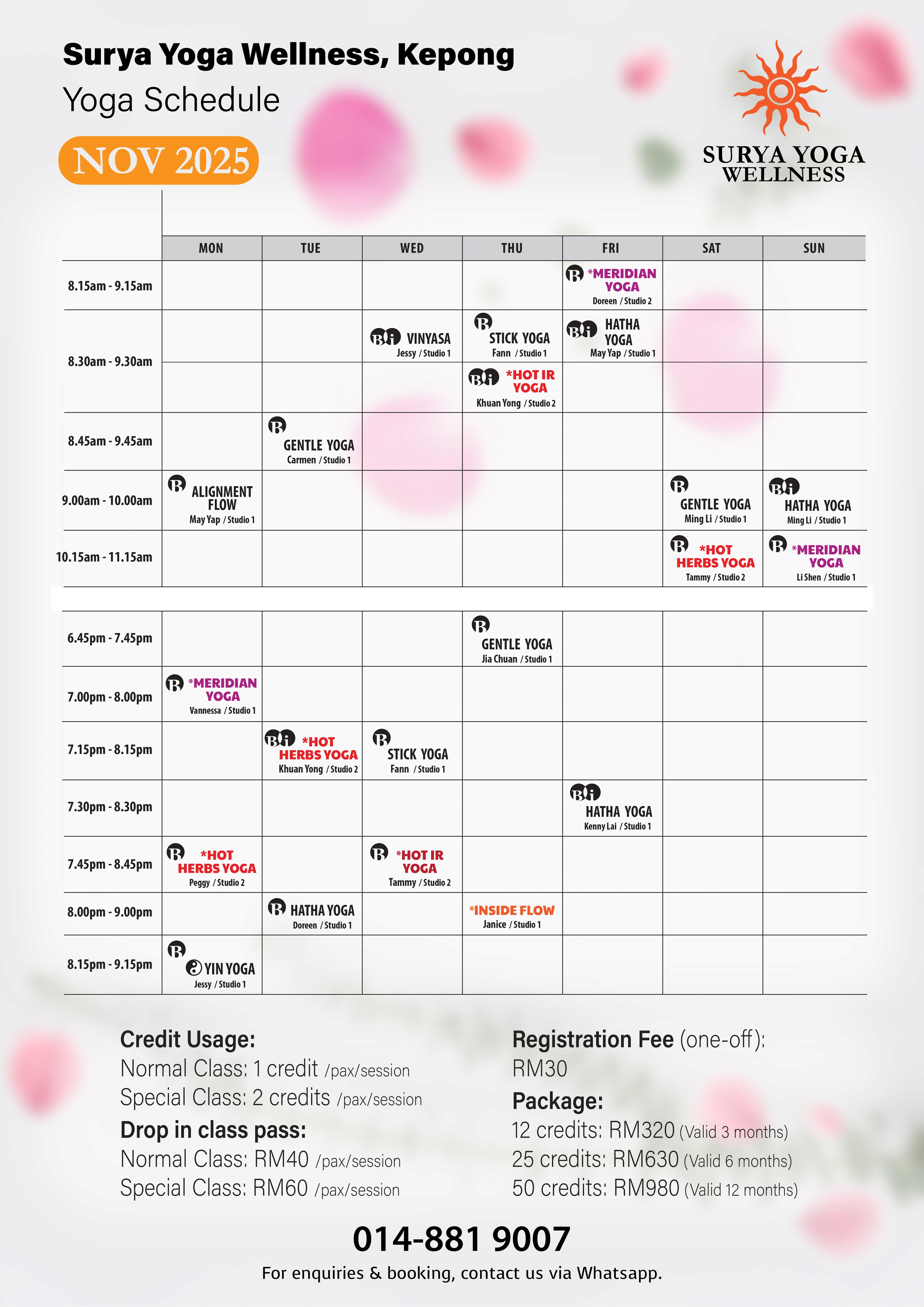 Surya Yoga & Wellness Kepong Schedule