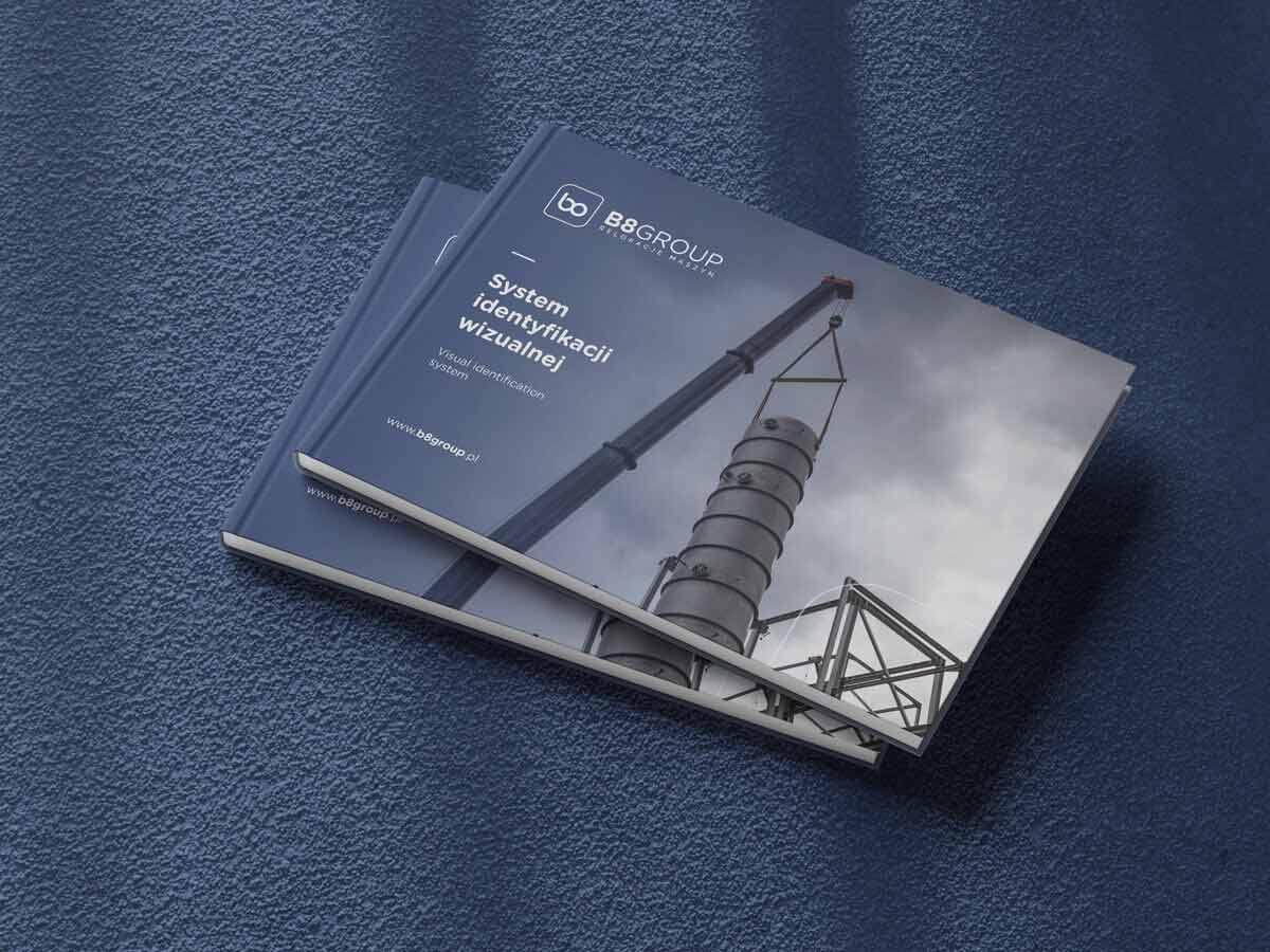 Okładka księgi znaku i system identyfikacji wizualnej firmy B8GROUP. Profesjonalny branding i spójny wizerunek marki w branży przemysłowej.