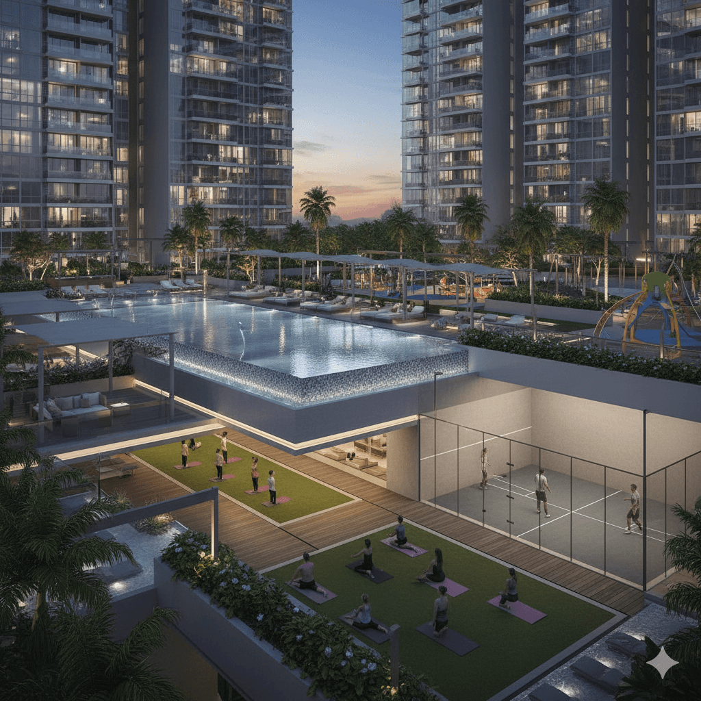 Resort-style infinity pool deck, M3M 105 clubhouse amenities, luxury recreational area