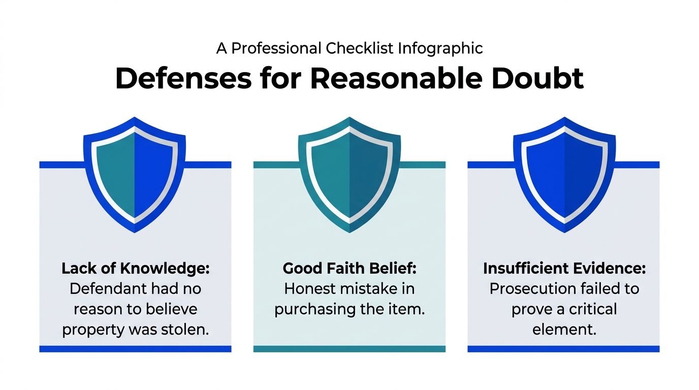 An infographic titled Defenses for Reasonable Doubt listing lack of knowledge, good faith belief, and insufficient evidence.