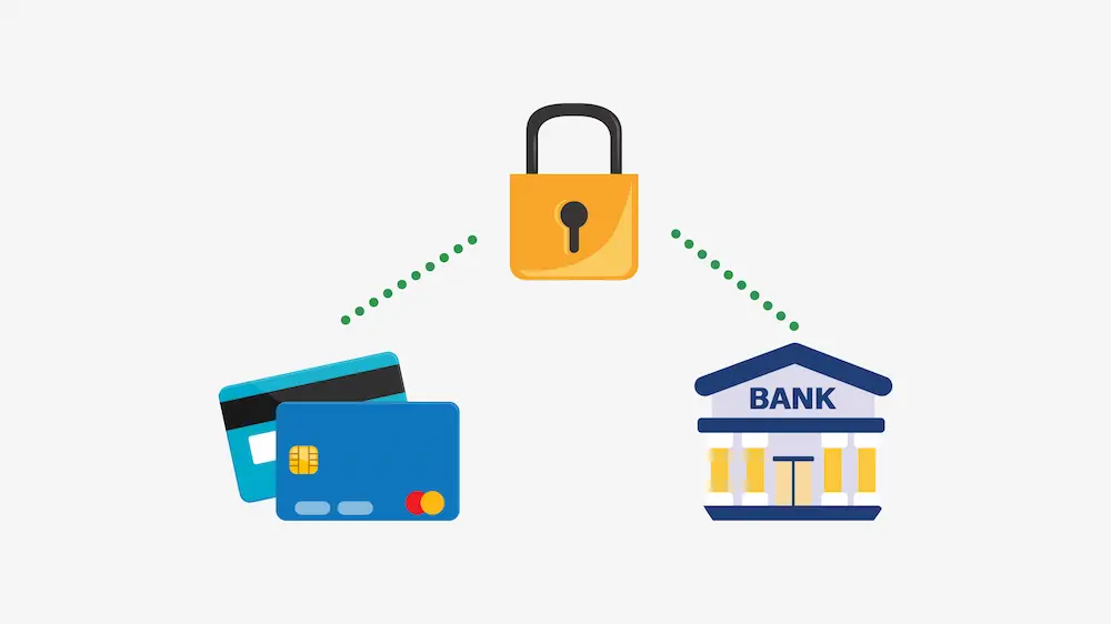 icons of a credit card, secure padlock and bank linking together to represent secure payments