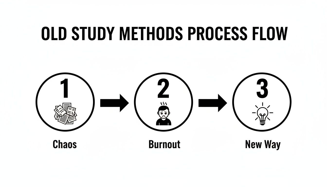 A diagram illustrates old study methods leading from chaos to burnout, then a new way.