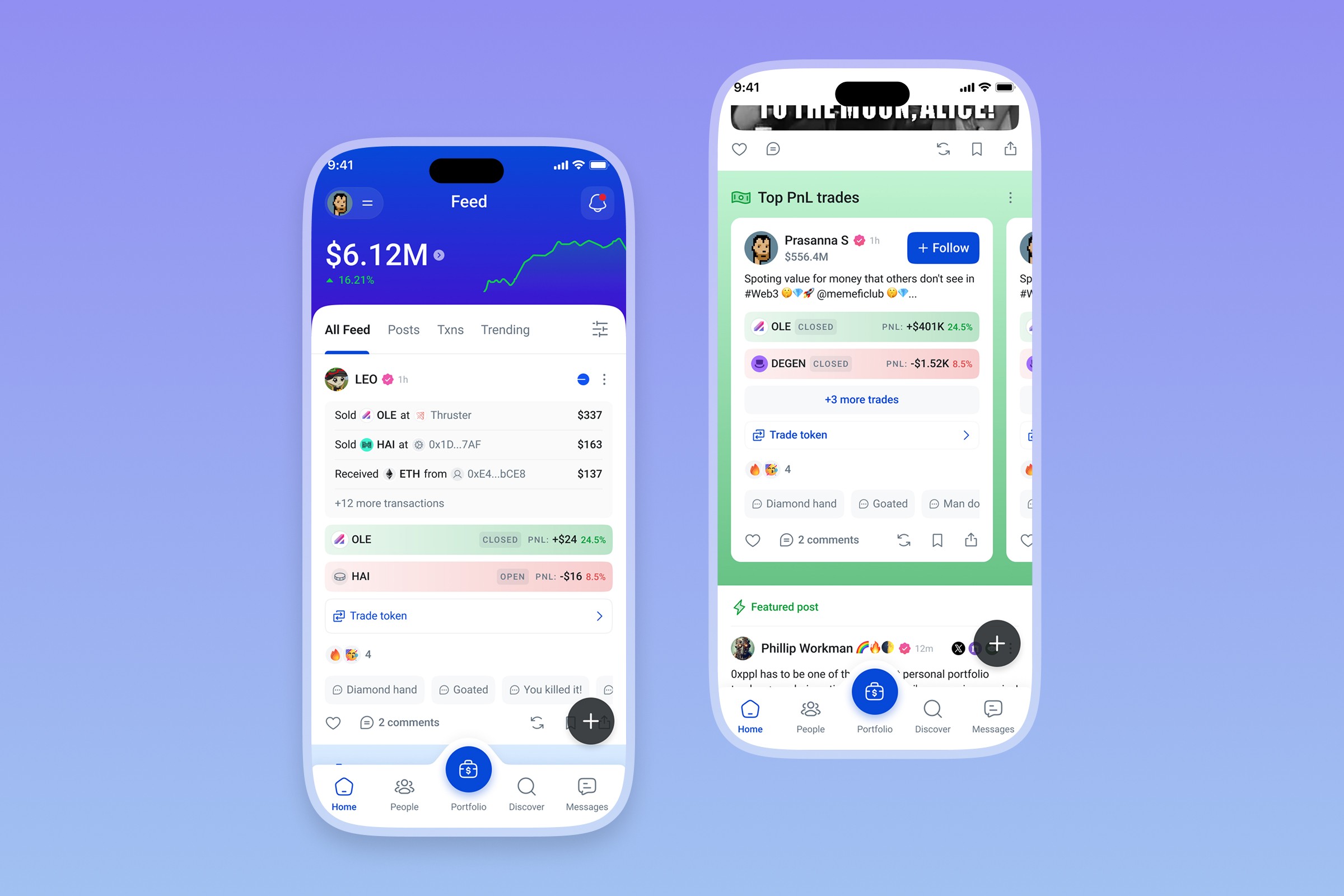 Two screens from 0xPPL mobile app