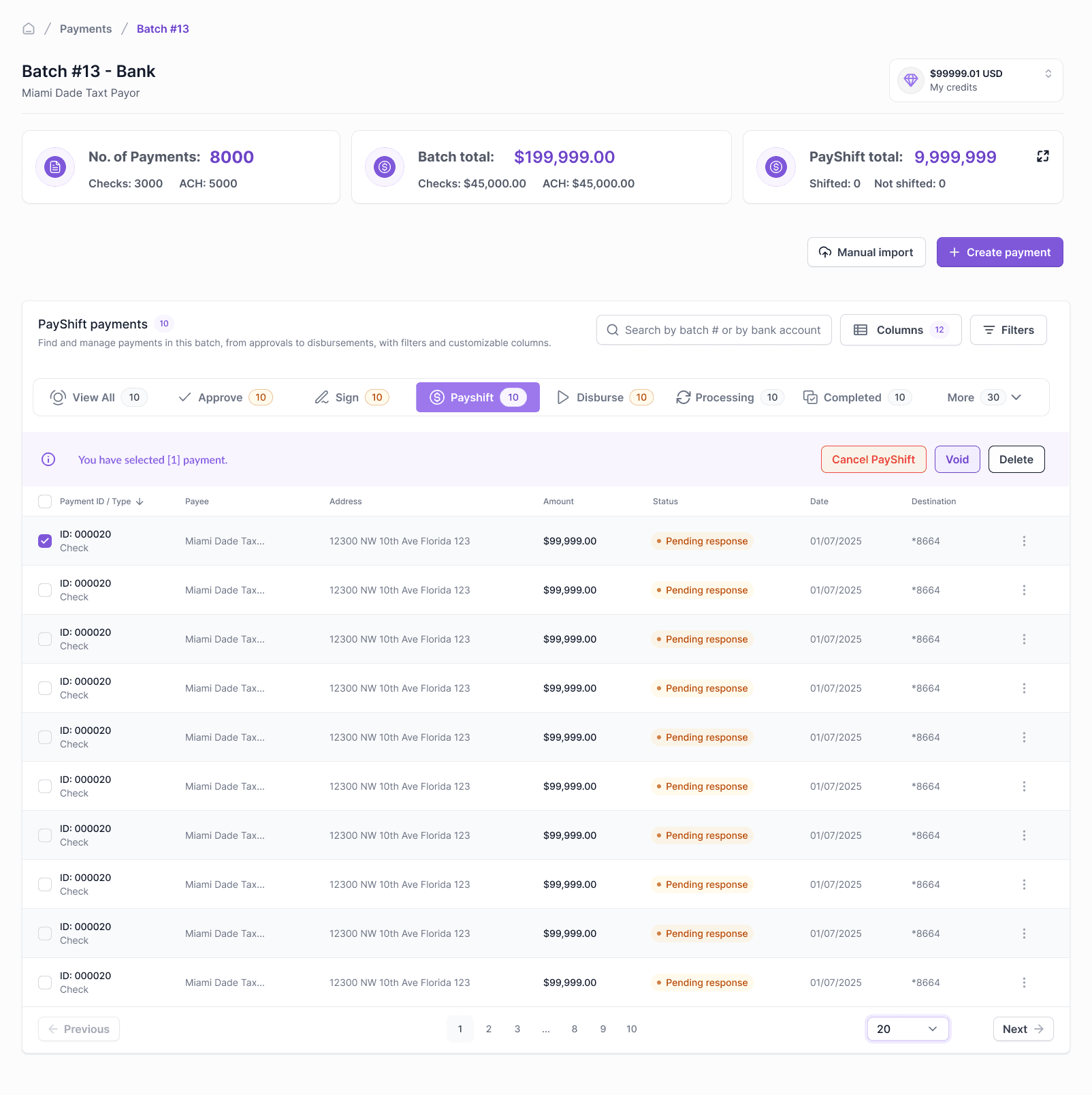A payment batch tracked by status, from approval to disbursement