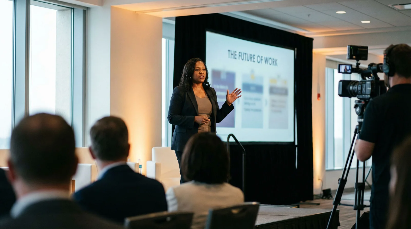 Executive speaking at conference stage, wide framing showing audience foreground and presentation screen behind, expertise being captured live