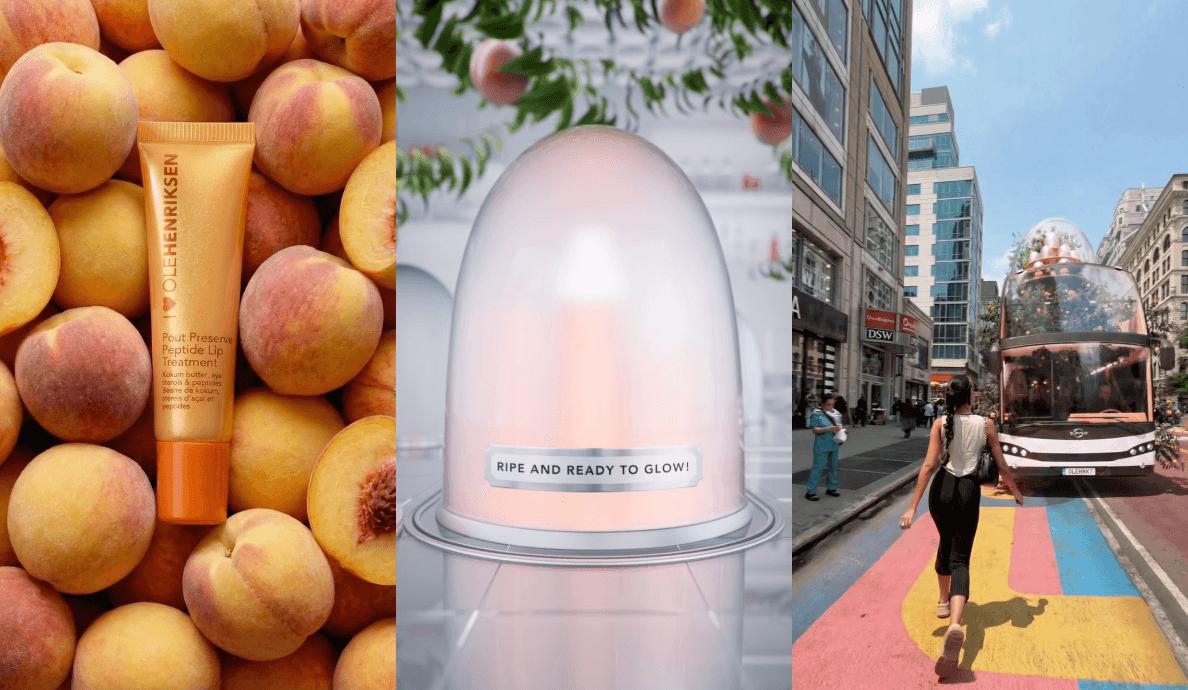 A mixed reality CGI scene of a glowing dome-shaped skincare product capsule labeled "Ripe and Ready to Glow" displayed on a city sidewalk, flanked by a close-up of fresh peaches on the left and a blurred urban street scene on the right.