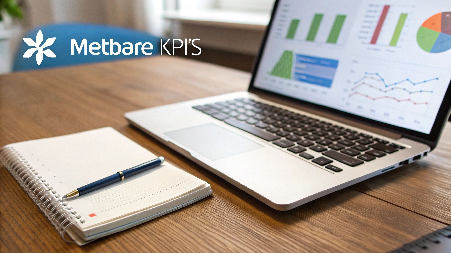 Een laptop met grafieken en diagrammen, een notitieblok, pen en de tekst 'Metbare KPI'S' op een bureau.