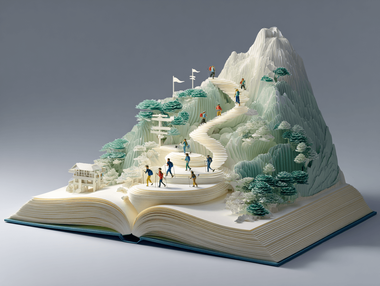 Libro aperto con una montagna tridimensionale in carta che si innalza, popolata da piccoli personaggi in salita, rappresentazione della visione strategica e della direzione condivisa.