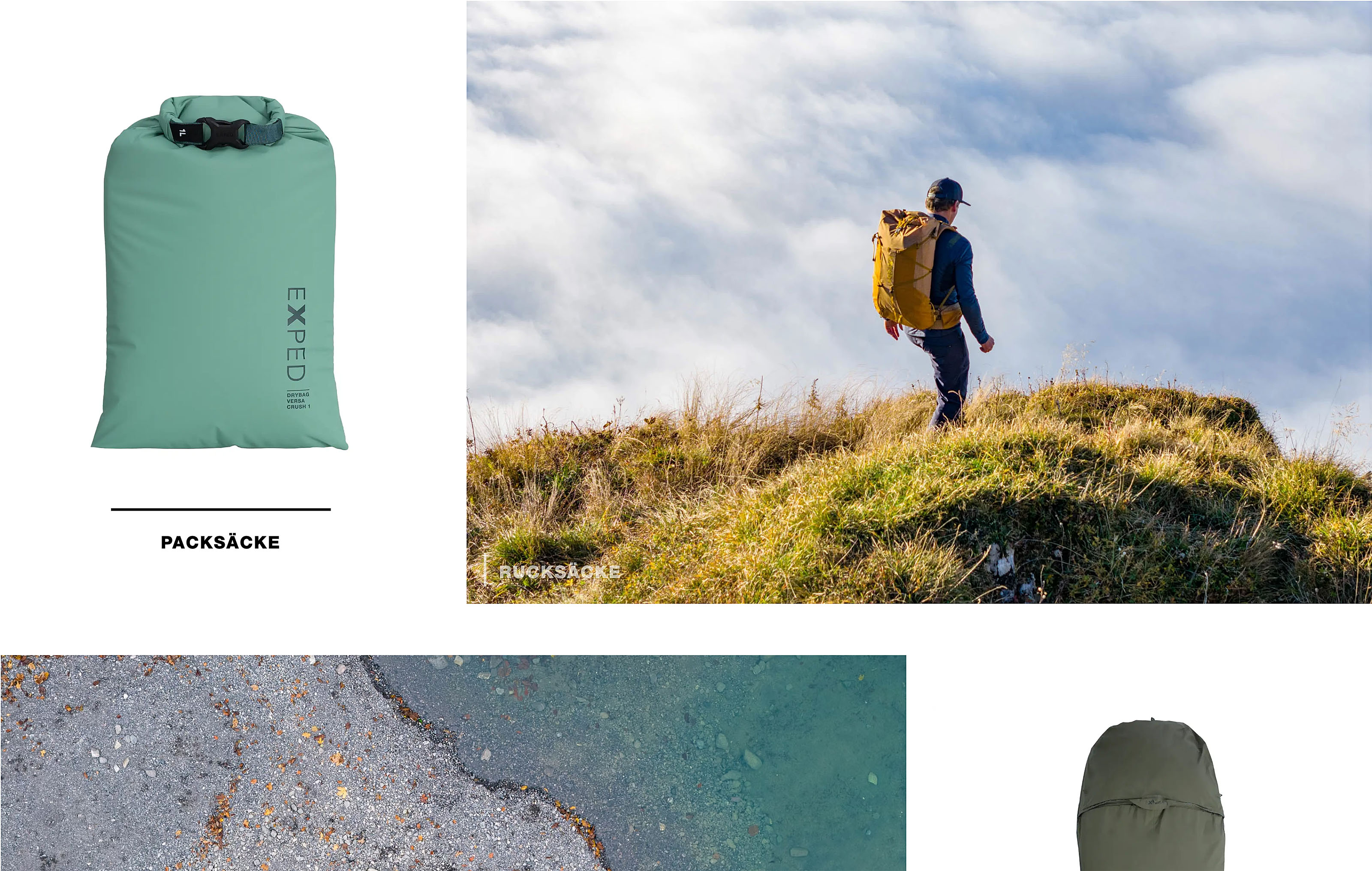 Ansicht der Exped Website. UI-Elemente und Bilder und Produket sind zu sehen.