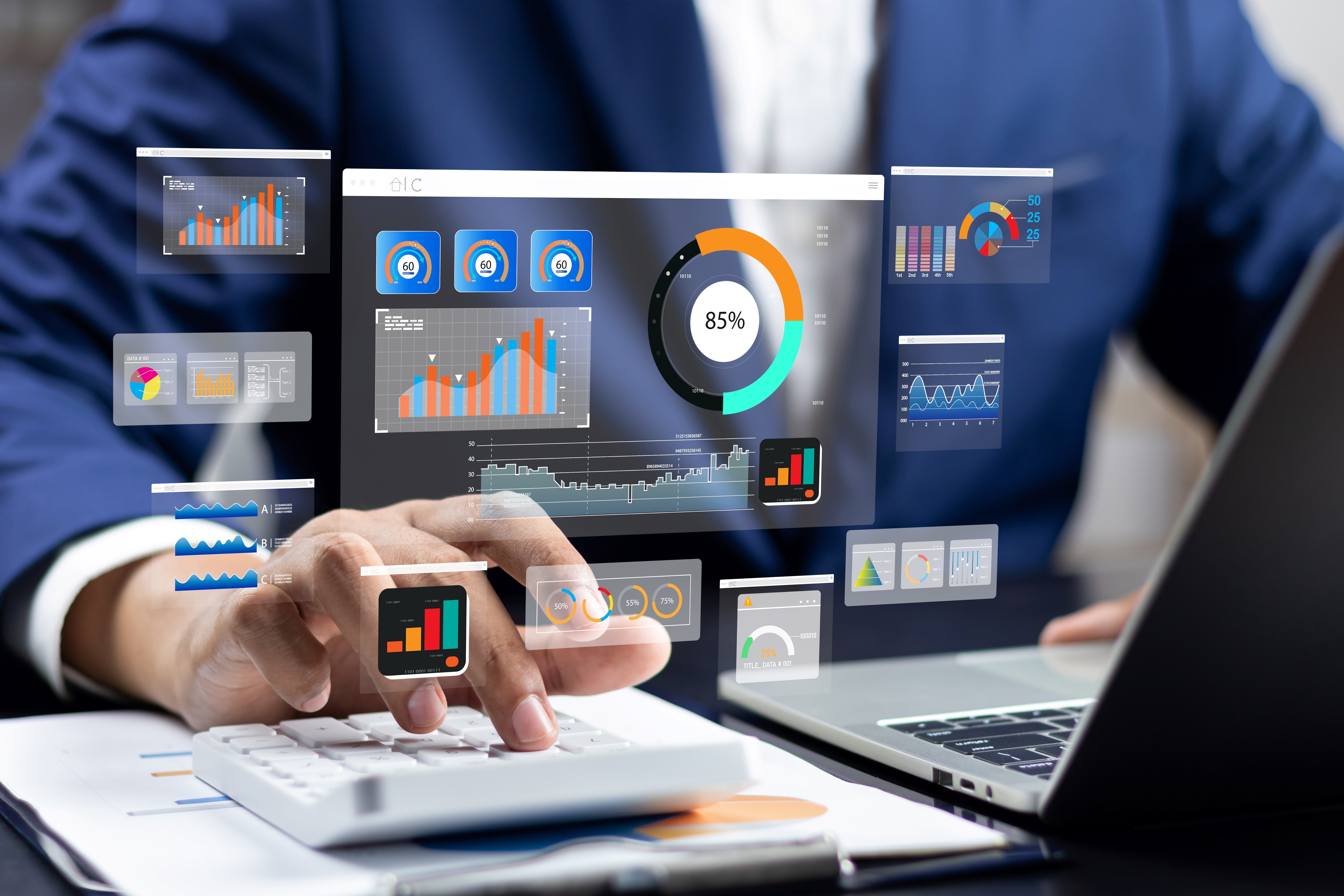 A professional in a suit interacts with a digital interface displaying real-time analytics and quality inspection metrics on a laptop. The visuals emphasize AI-powered automation, enhancing inspection accuracy, reducing labor-intensive tasks, and minimizing human errors.
