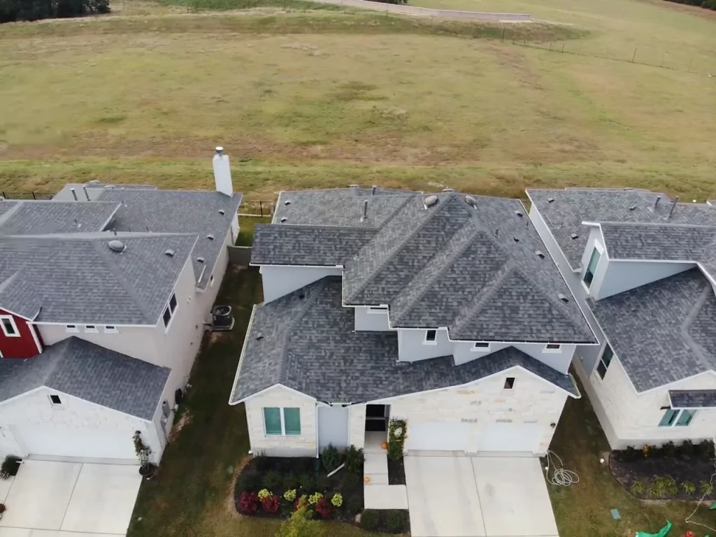 Aerial view of the architectural shingle roof in Cedar Park, Texas, completed in 2020