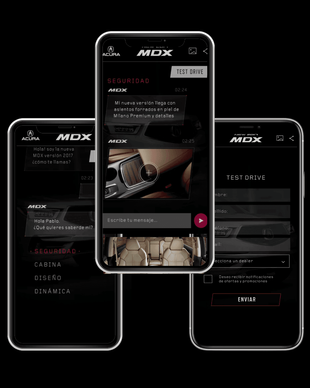 Acura MDX mobile experience showing features, chat, and test drive form.
