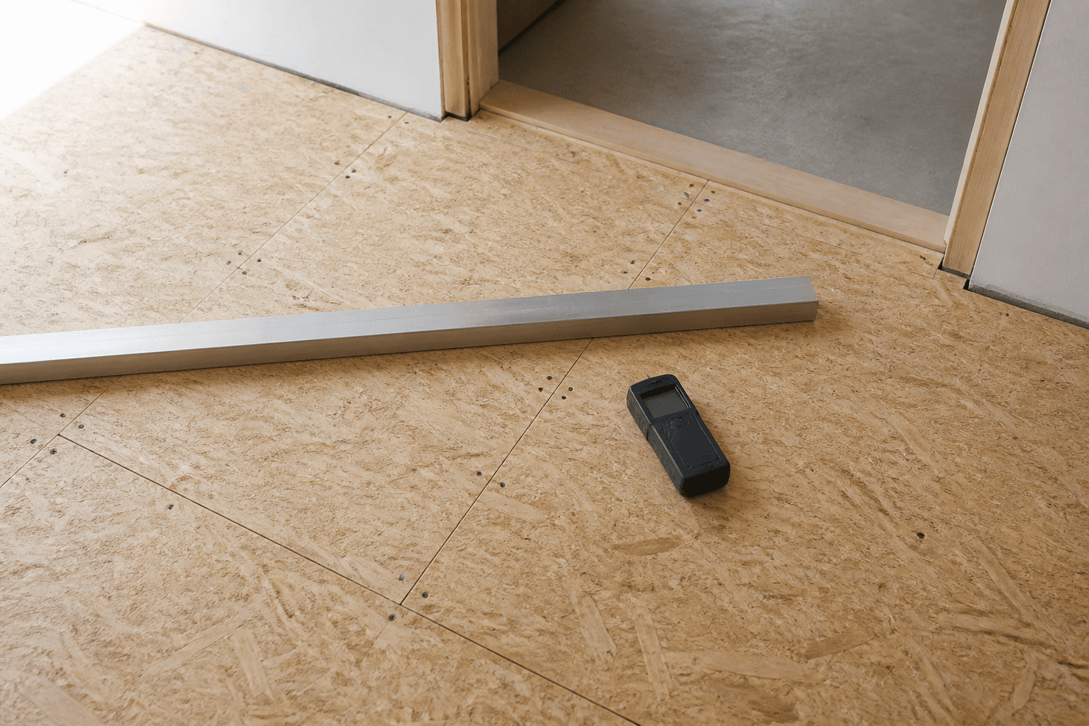 Contrôle de la planéité, des fixations, de l'humidité et du seuil sur un plancher OSB