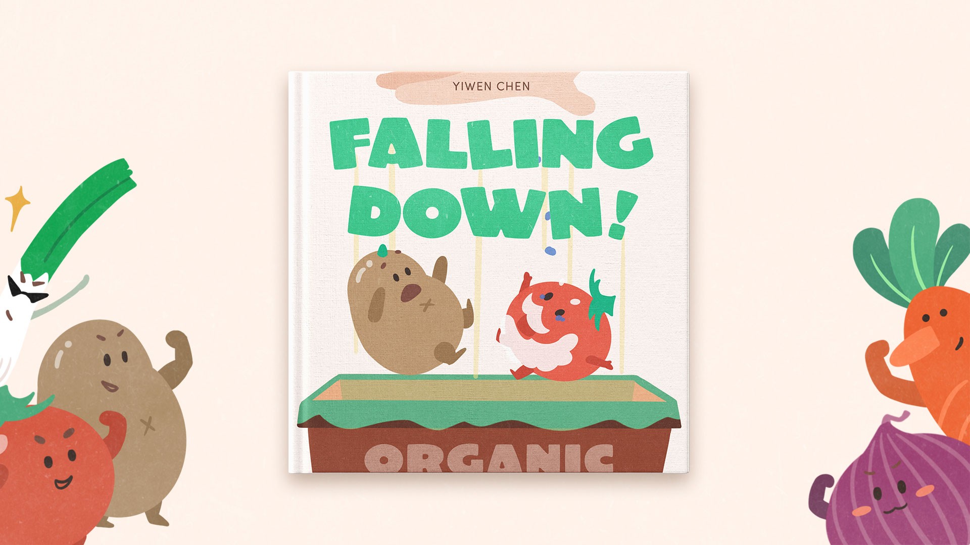 The image shows a book cover titled "Falling Down!" by Yiwen Chen. The cover is white with the title written in green letters at the top. The subtitle "Organic" is written in brown letters at the bottom. The cover features three cartoon characters: a brown, round character standing upright, a red, round character seated on a green-topped box, and a purple, round character with a green leafy top. The background is a light peach or beige color.