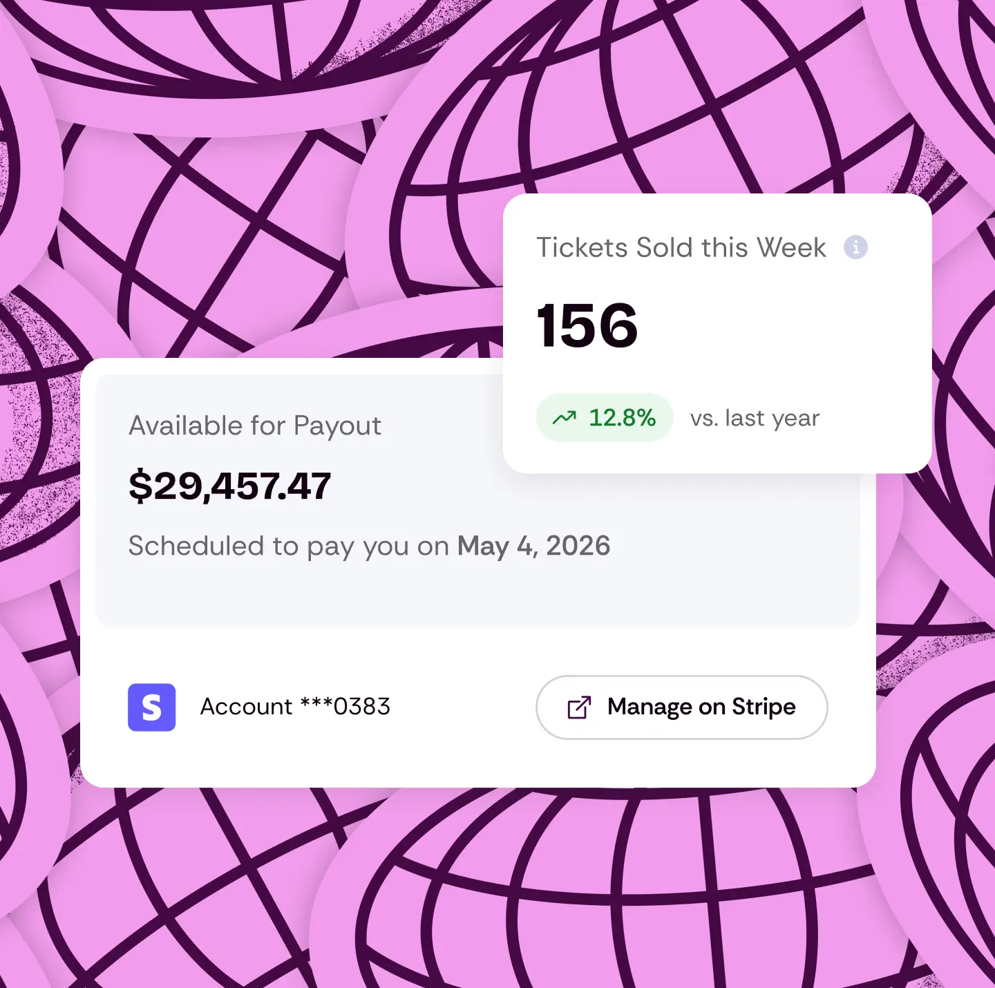 Eventrise payout dashboard showing $29,457 ready to deposit into the organizer's own Stripe account
