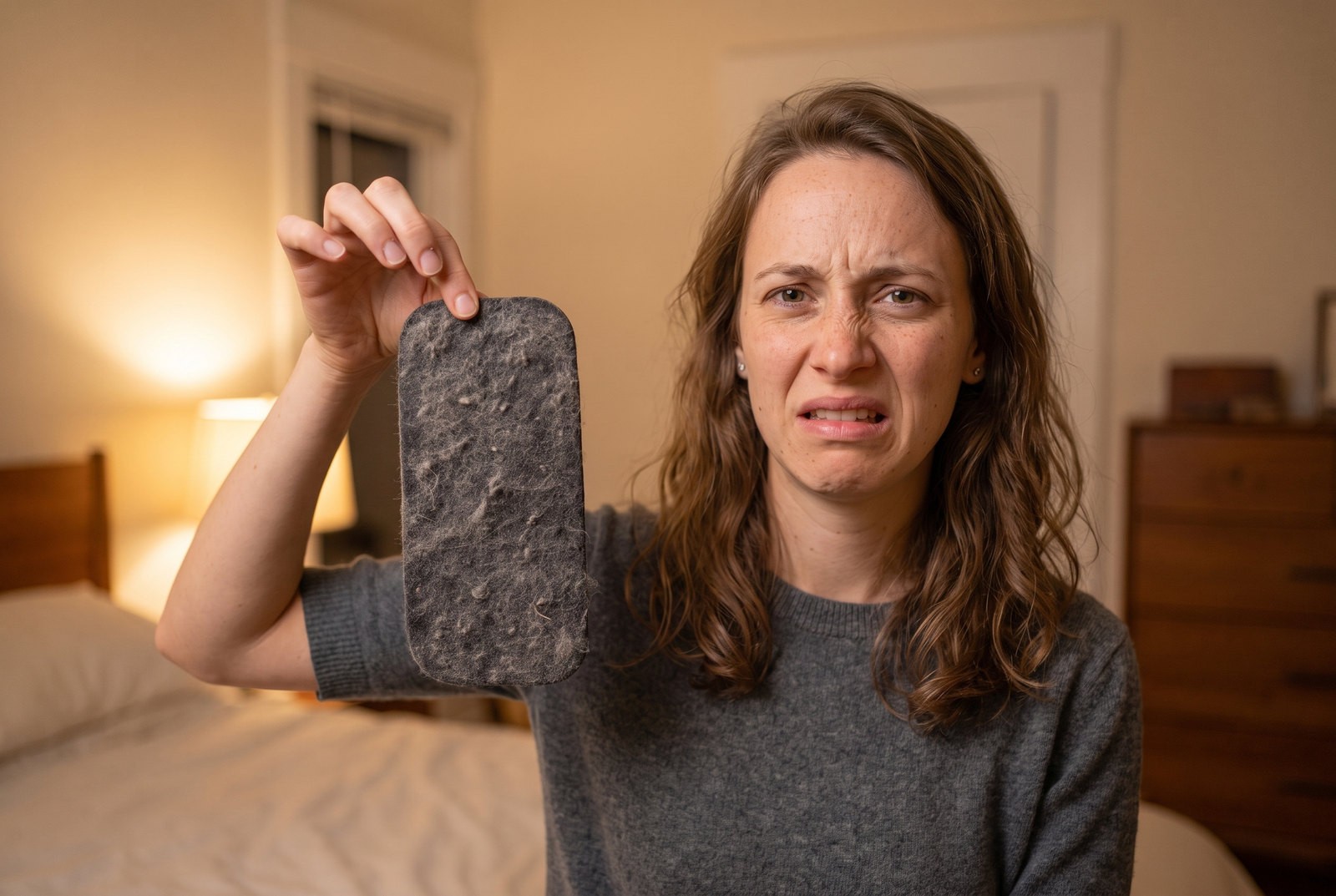 A woman holding up a Barnakl pad matted with a thick grey coat of dust, lint and hair, grimacing at the camera.