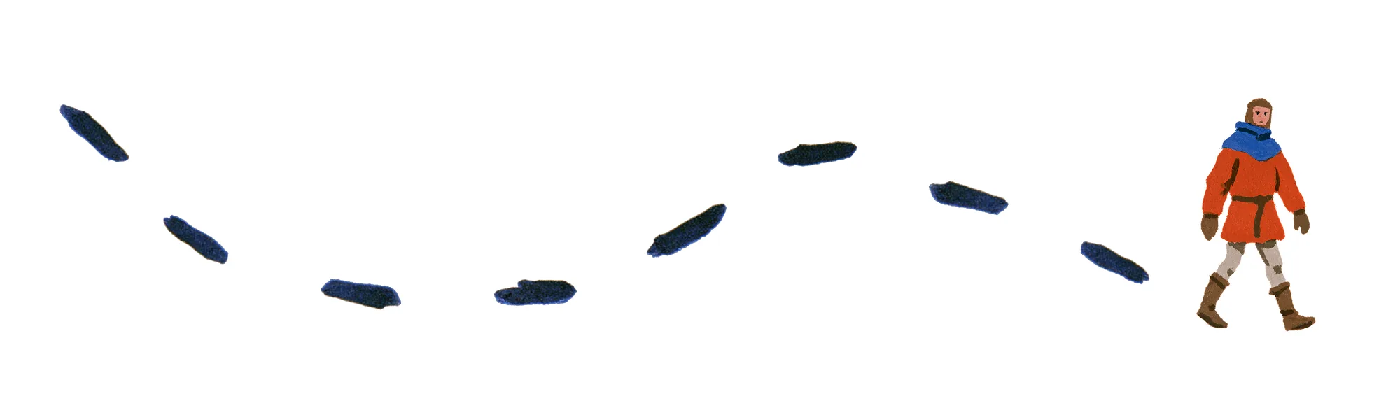 A lone traveler in a red tunic and blue scarf follows a winding trail of dark stepping stones across a vast white expanse.
