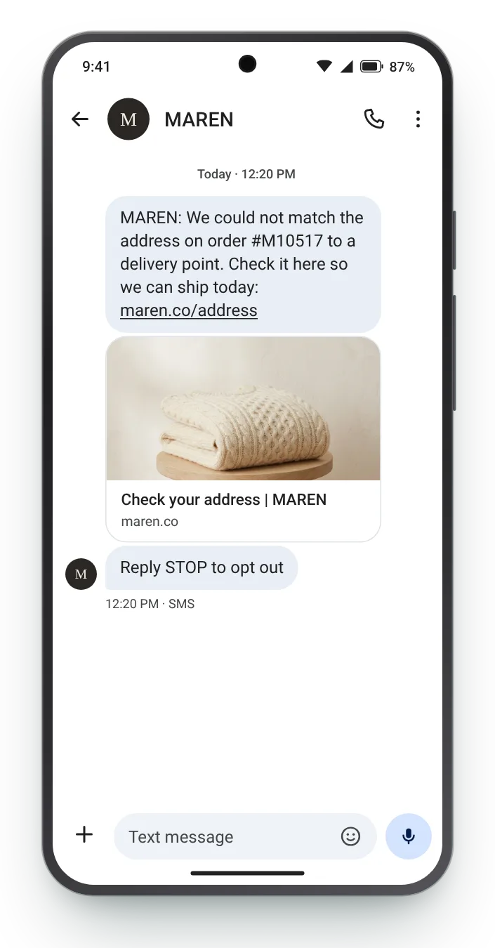Address needs checking transactional SMS on an Android phone