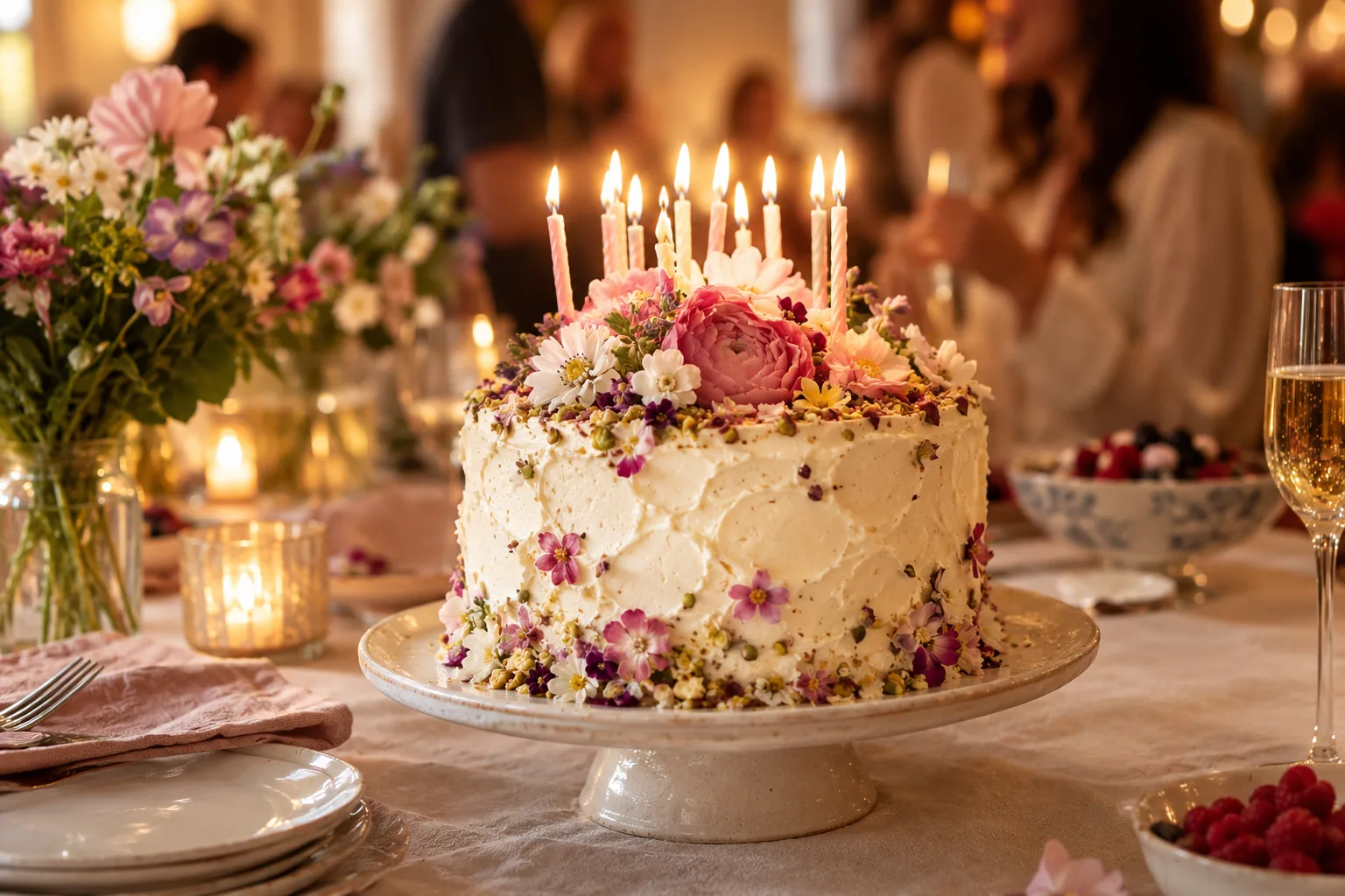 Birthday cake with lit candles at an evening party
