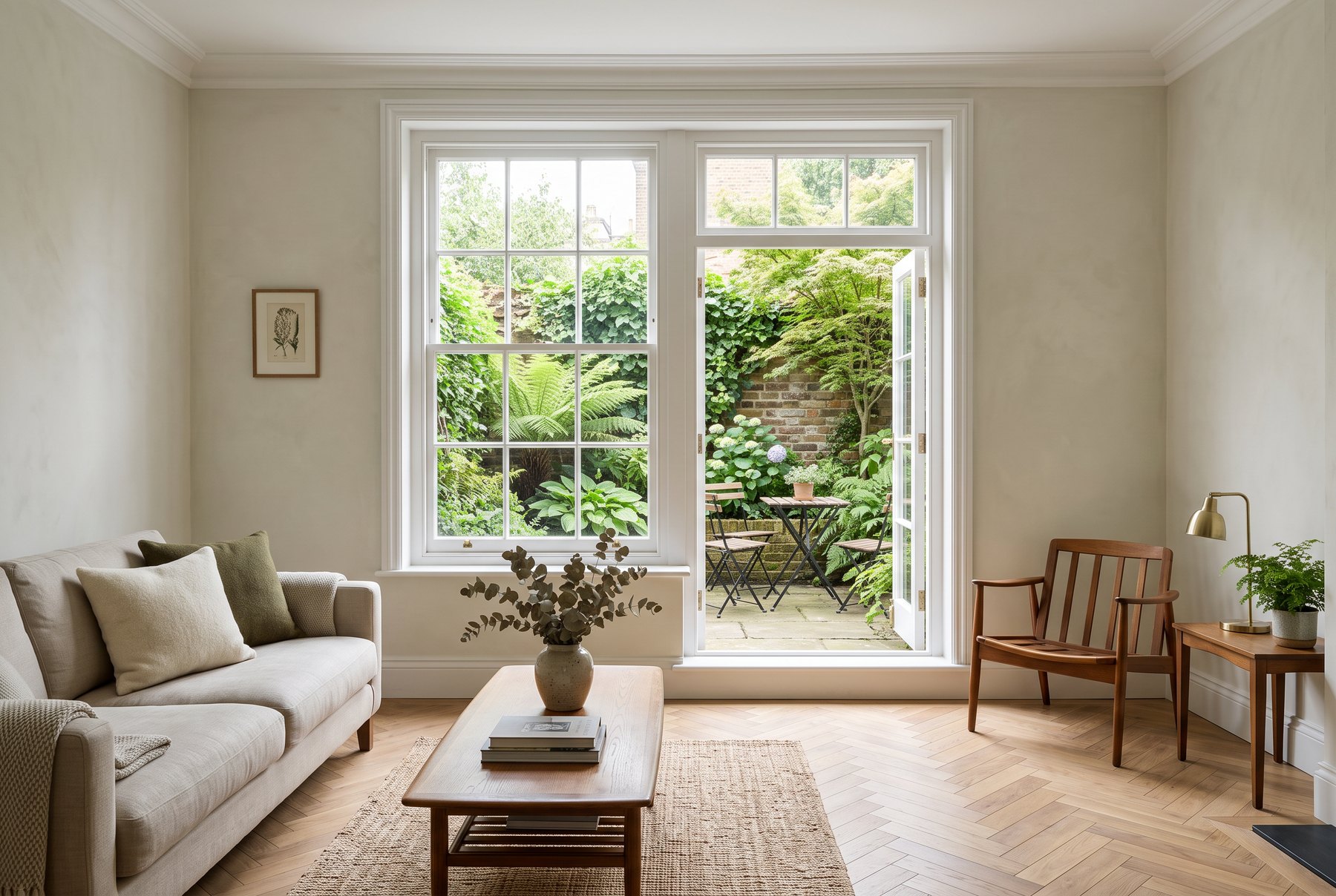A living room with the garden doors open