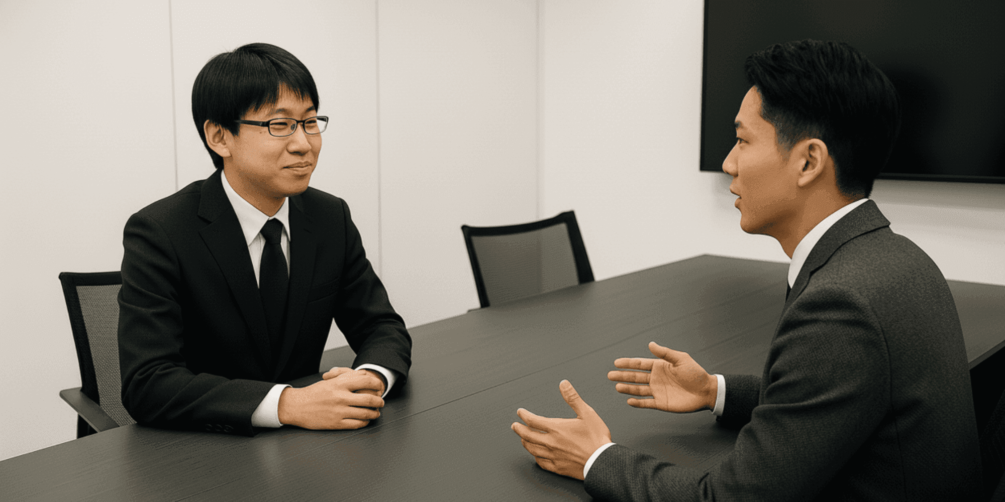スーツ姿の男性2人が会議室のテーブルで向き合い業務について話し合う写真