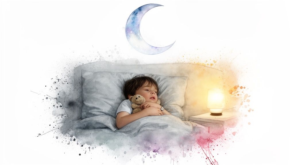 A sleeping child with a teddy bear in a cozy bed under a glowing crescent moon.
