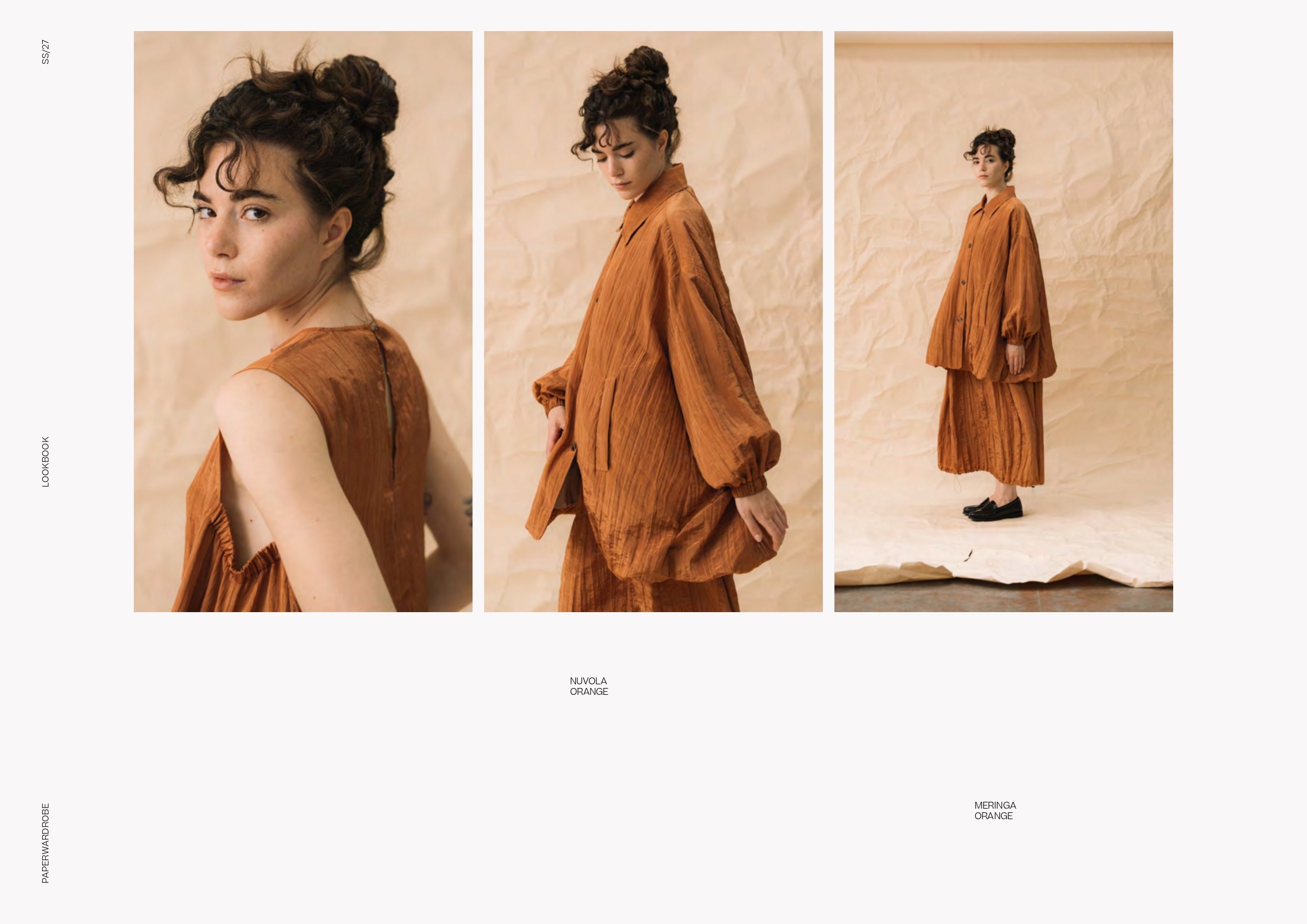 Trois plan différents d'un même photo dans un lookbook, avec une mannequin portant un ensemble ample en lin ou coton orange/brique