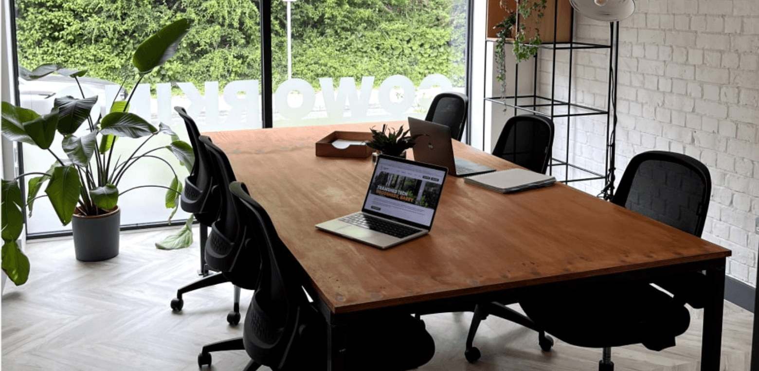 A table with laptops, plants and a laptop on it.