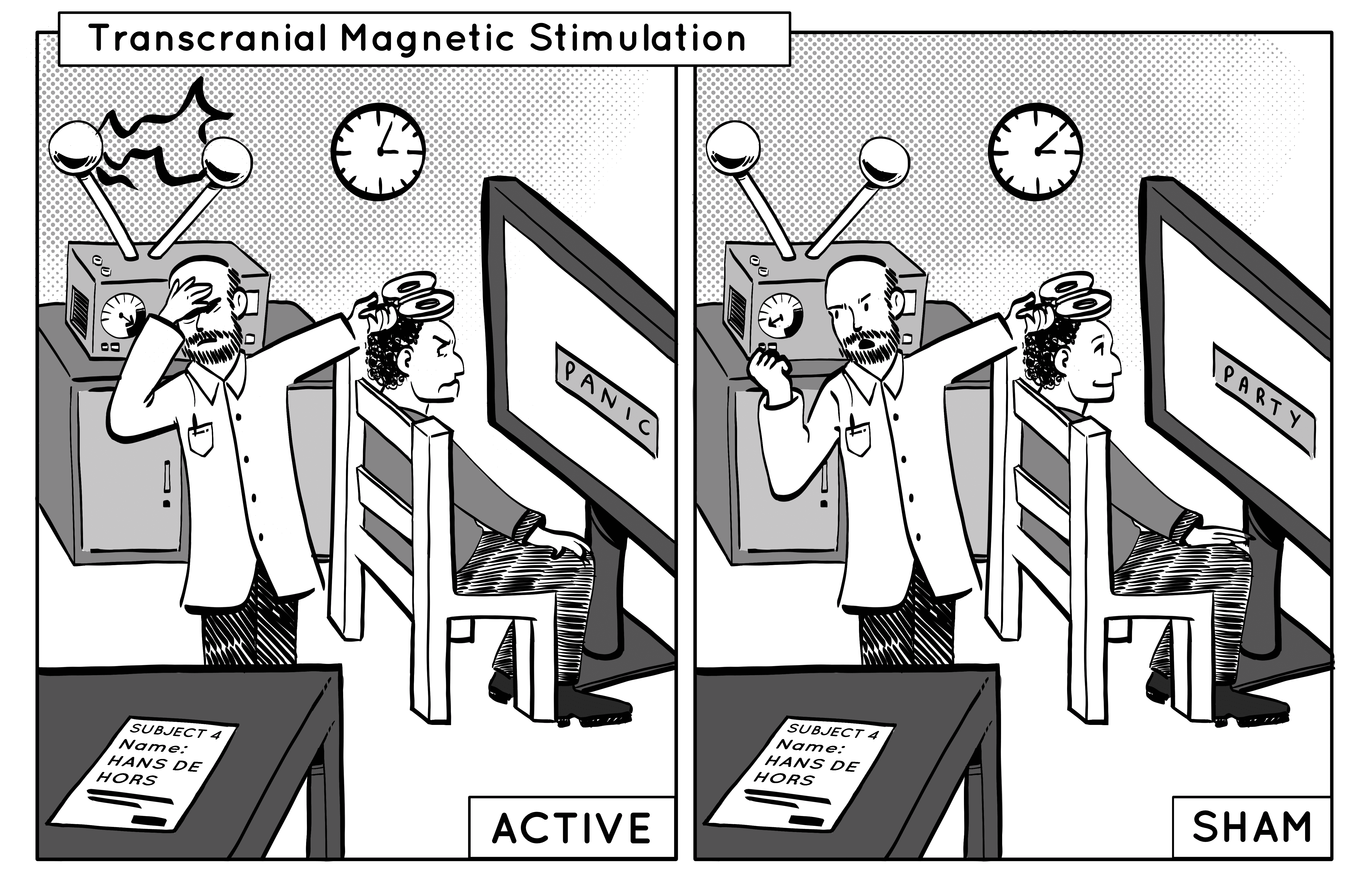 Black and white two panel comic, split vertically down the middle. The left panel is labelled in the bottom right corner as “Active”. The active panel shows a small lab room where a researcher is covering their eyes with one hand and holding a wand device with two large rings at the end. The researcher holds the want away from themself over the head of the subject, who is sitting in a chair with an uncomfortable expression, looking at a large monitor displaying the word “panic”. Behind the researcher is a box shaped device on a cabinet with two antennae sticking out from the top, electricity sparking between the two round ends. The right panel is labelled in the bottom right corner as “Sham”. The sham panel shows much the same scene as the active panel but the researcher is no longer covering their eyes and is in the middle of saying something, the subjects expression is pleasant, the monitor is showing the word “party”, and nothing is sparking between the antennae on the device in the background.