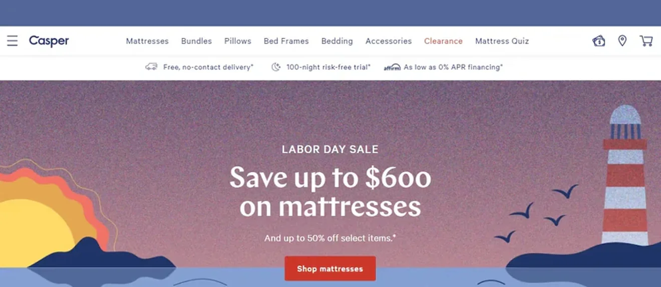 Casper horizontal benefits bar listing contactless delivery, a 100-night trial, and financing