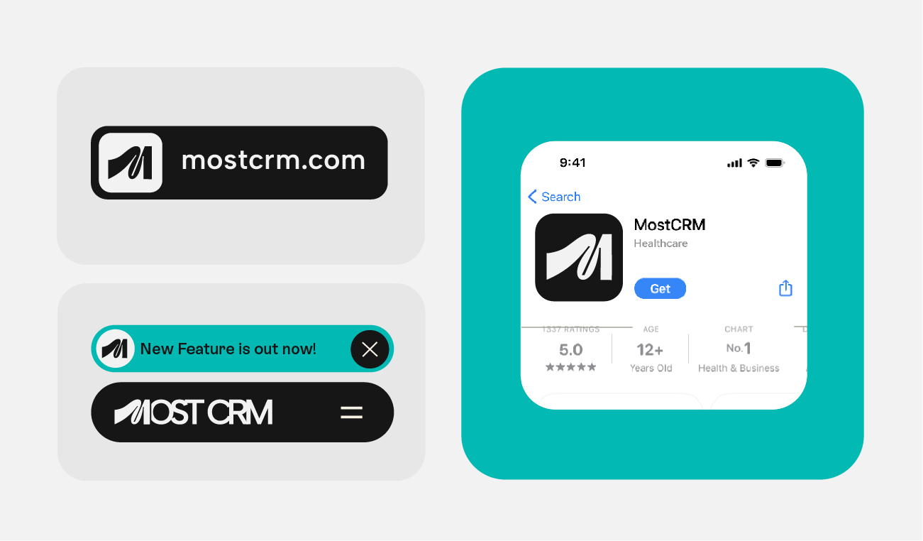 A mockup of the Most CRM mobile app on the App Store featuring screenshots of the intuitive recovery tracking interface and clinical blue branding.
