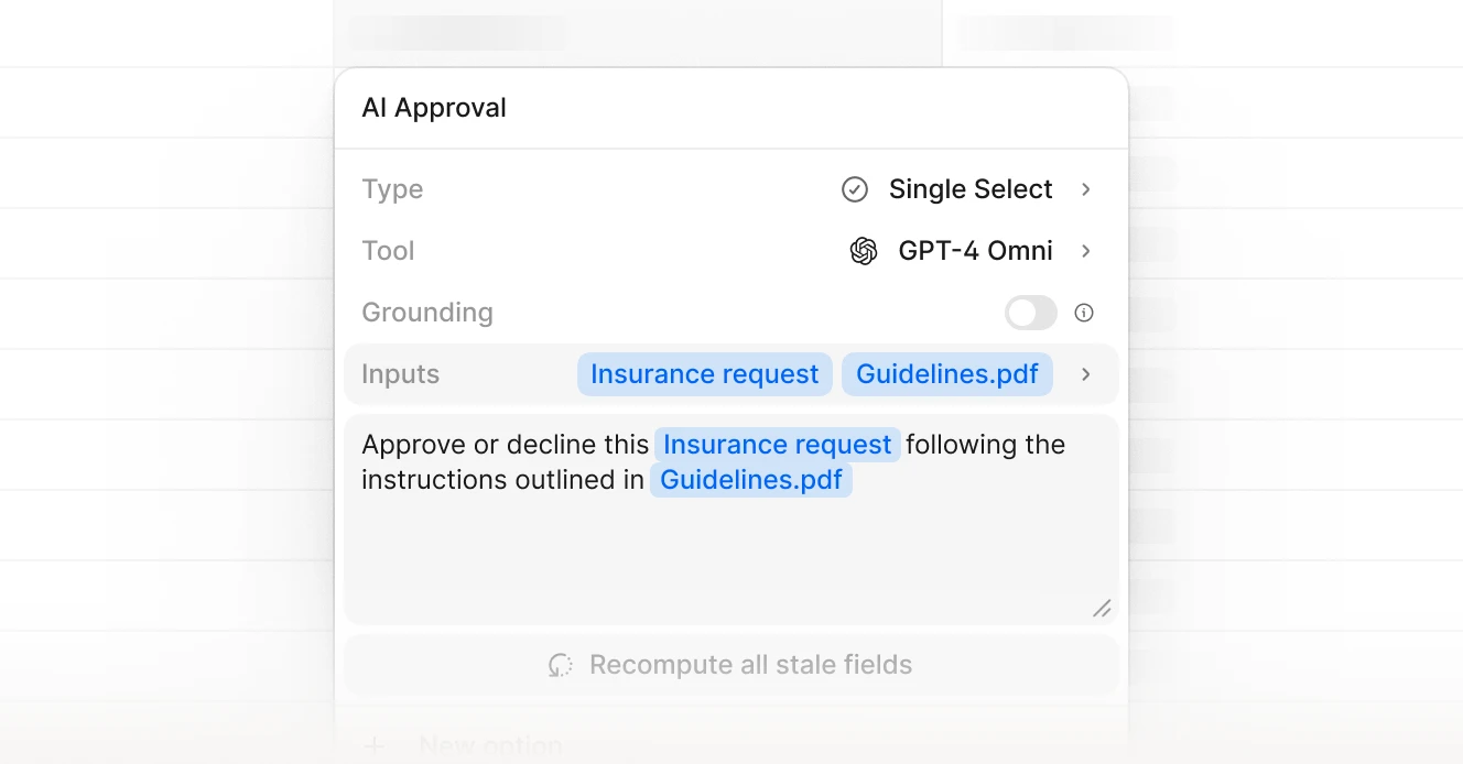 An AI approval settings interface showing configuration options for insurance request processing, including Type (Single Select), Tool (GPT-4 Omni), and input documents (Insurance request and Guidelines.pdf).