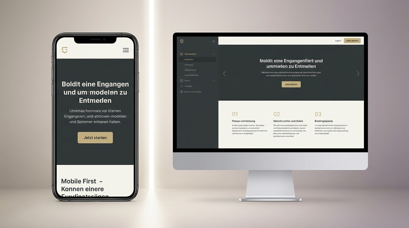 Split Screen Vergleich mit Mobile First Layout auf einem Smartphone links und demselben Design als erweiterte Desktop Ansicht rechts