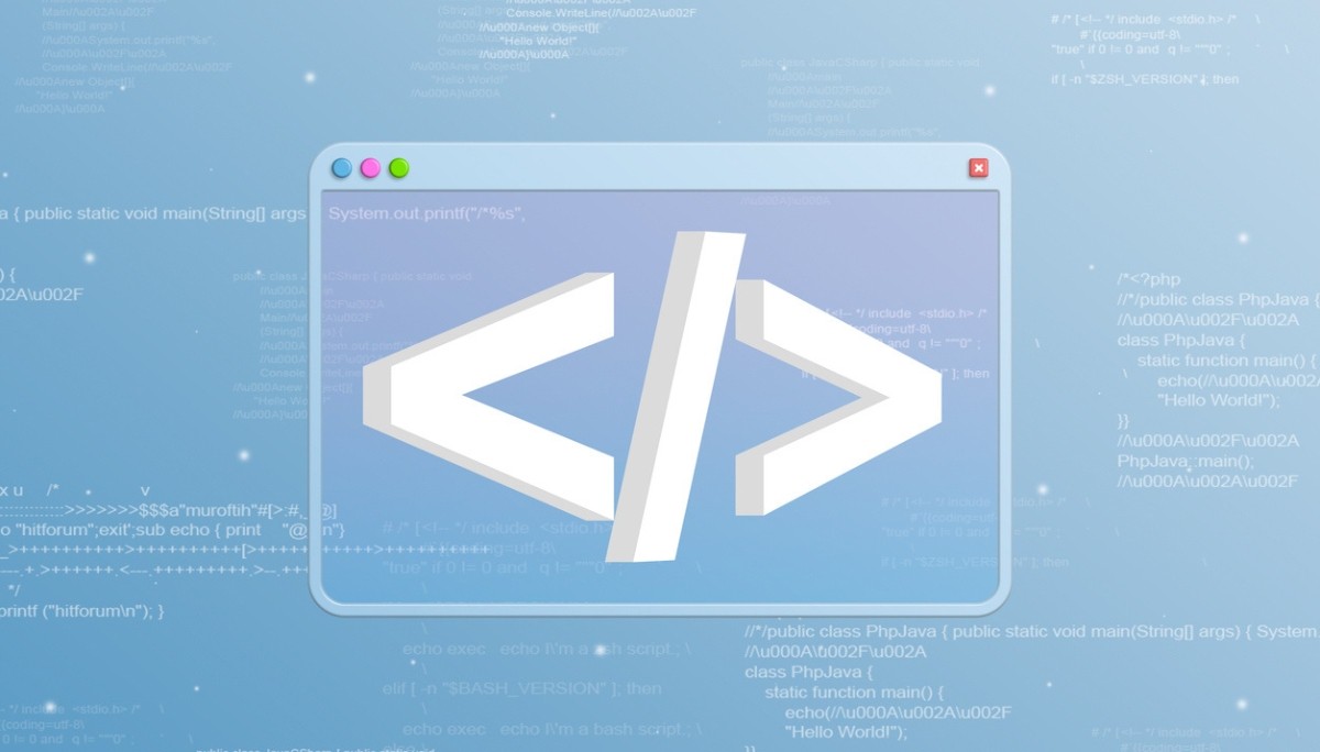 Illustration of a stylized browser window with a large 3D HTML tag symbol in the center, surrounded by colorful snippets of code from multiple programming languages, representing coding fundamentals and reusable patterns for acing FAANG interviews without relying on endless LeetCode grinding.