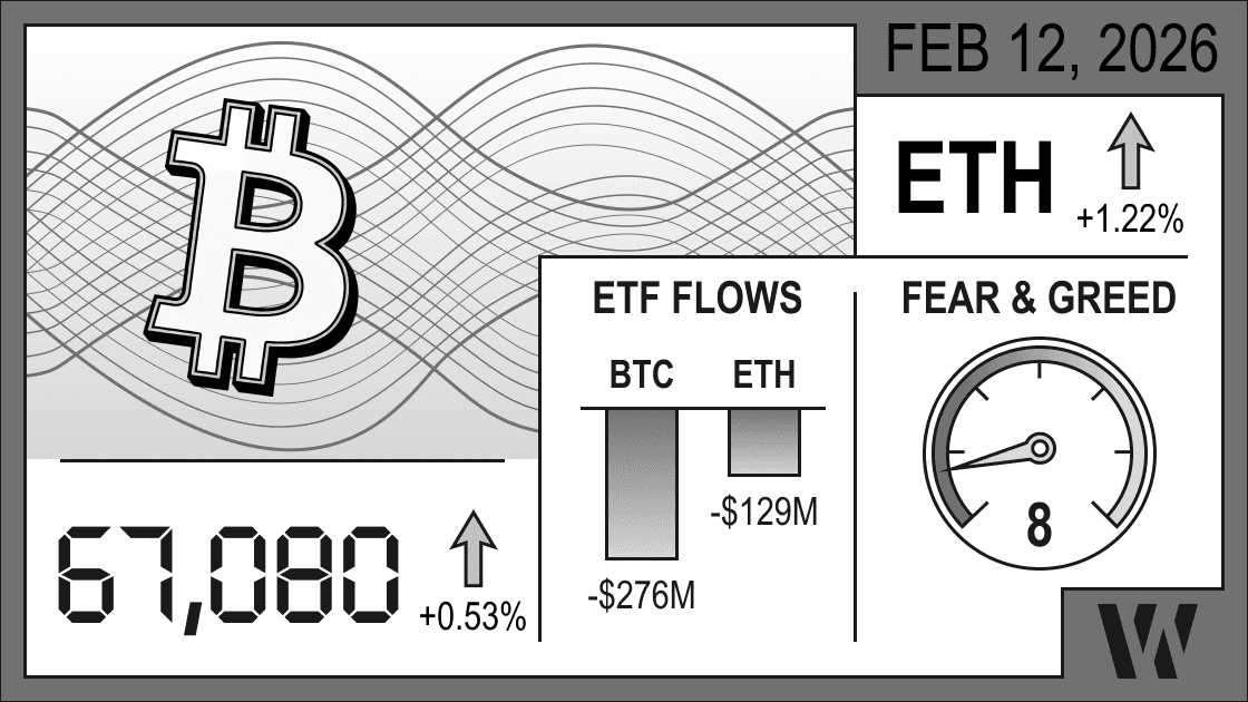 Feb 12, 2026 crypto snapshot – Bitcoin at 67,080 (+0.53%), Ethereum up +1.22%; ETF flows negative: BTC –$276M, ETH –$129M; Fear & Greed Index 8 (extreme fear).